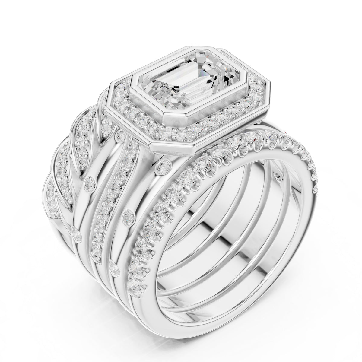 Emerald Cut Halo Engagement Ring with Stacked Multi-Band Pavé Wrap