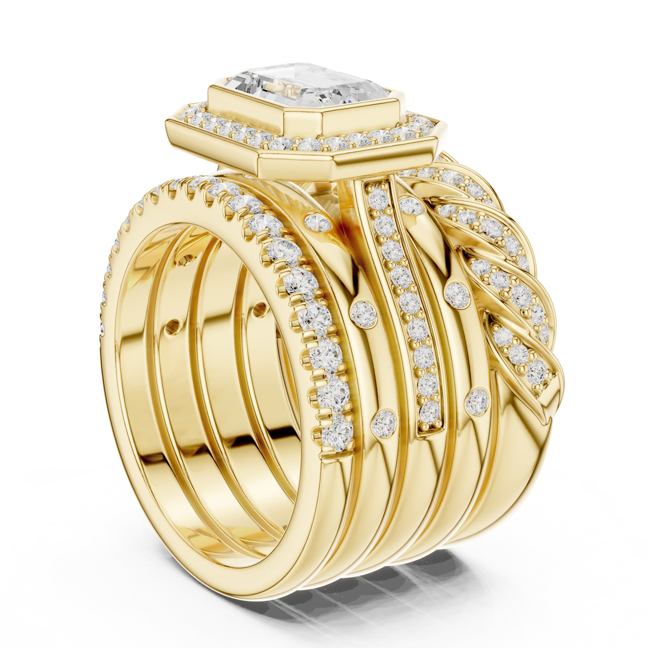 Emerald Cut Halo Engagement Ring with Stacked Multi-Band Pavé Wrap in Yellow Gold - VYKA Diamonds