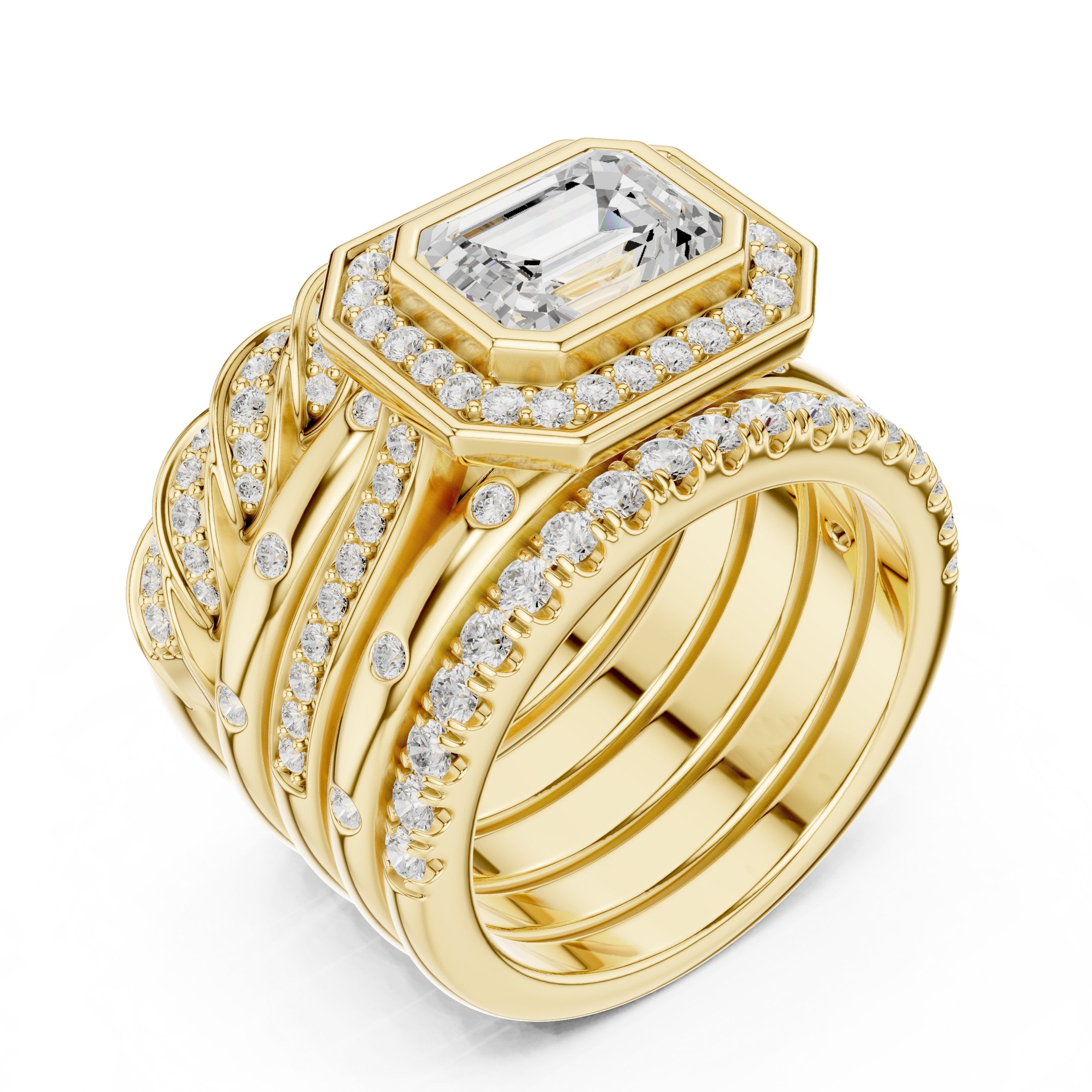 Emerald Cut Halo Engagement Ring with Stacked Multi-Band Pavé Wrap in Yellow Gold - VYKA Diamonds