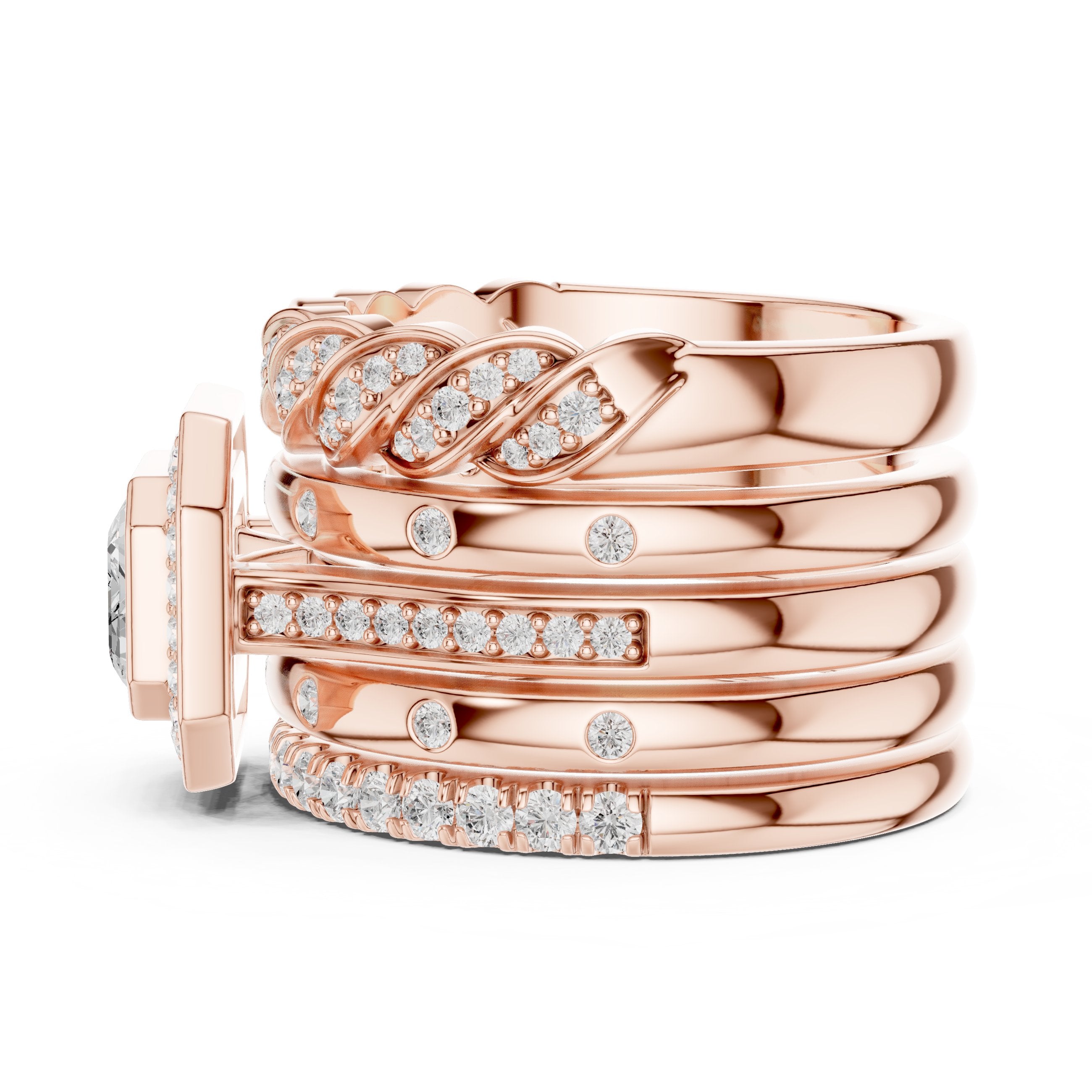 Emerald Cut Halo Engagement Ring with Stacked Multi-Band Pavé Wrap in Rose Gold - VYKA Diamonds
