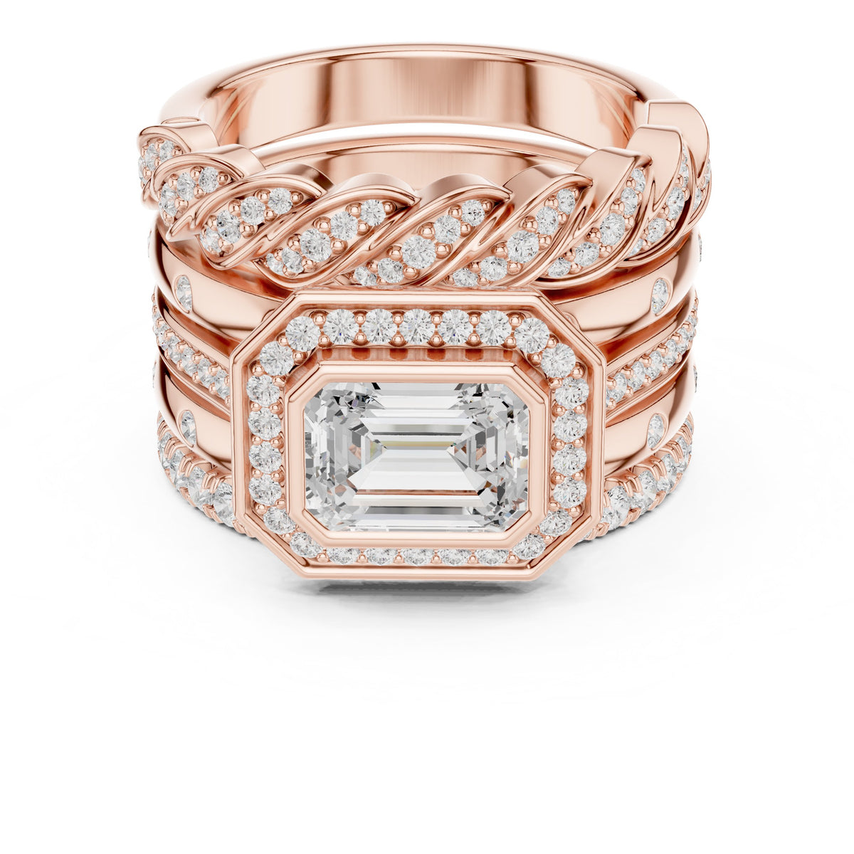 Emerald Cut Halo Engagement Ring with Stacked Multi-Band Pavé Wrap