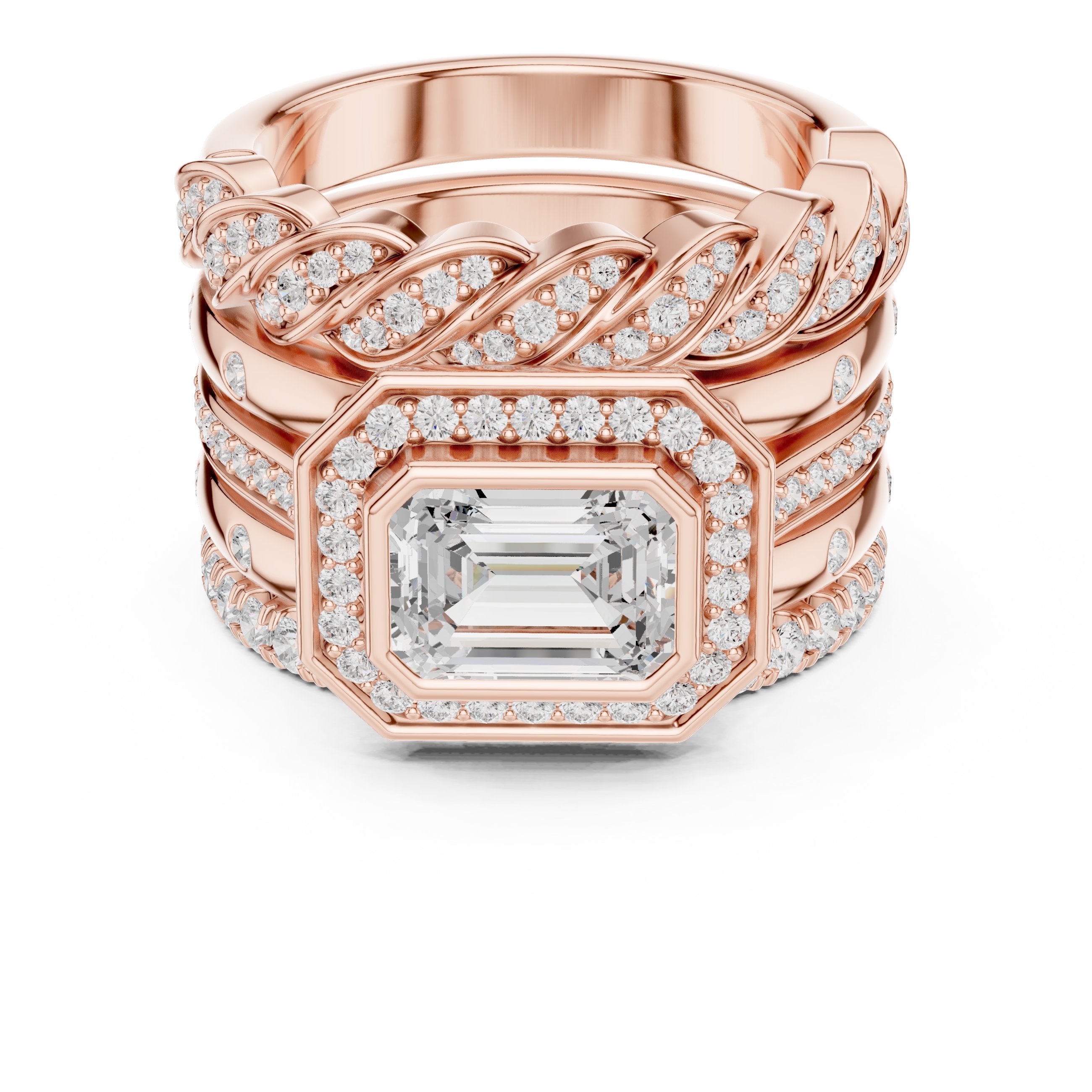 Emerald Cut Halo Engagement Ring with Stacked Multi-Band Pavé Wrap in Rose Gold - VYKA Diamonds