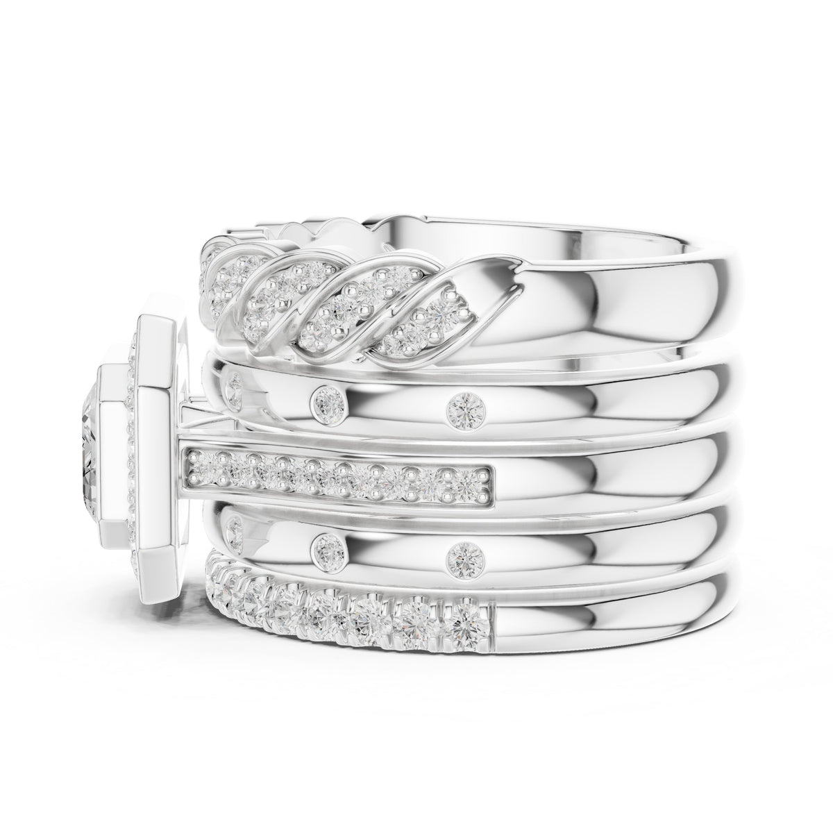 Emerald Cut Halo Engagement Ring with Stacked Multi-Band Pavé Wrap