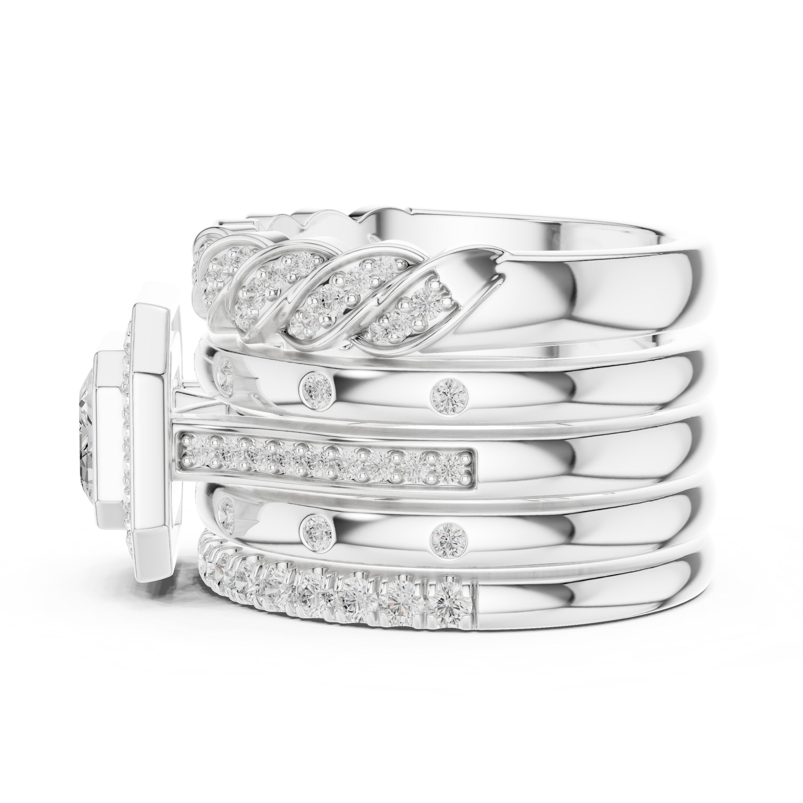 Emerald Cut Halo Engagement Ring with Stacked Multi-Band Pavé Wrap in White Gold - VYKA Diamonds