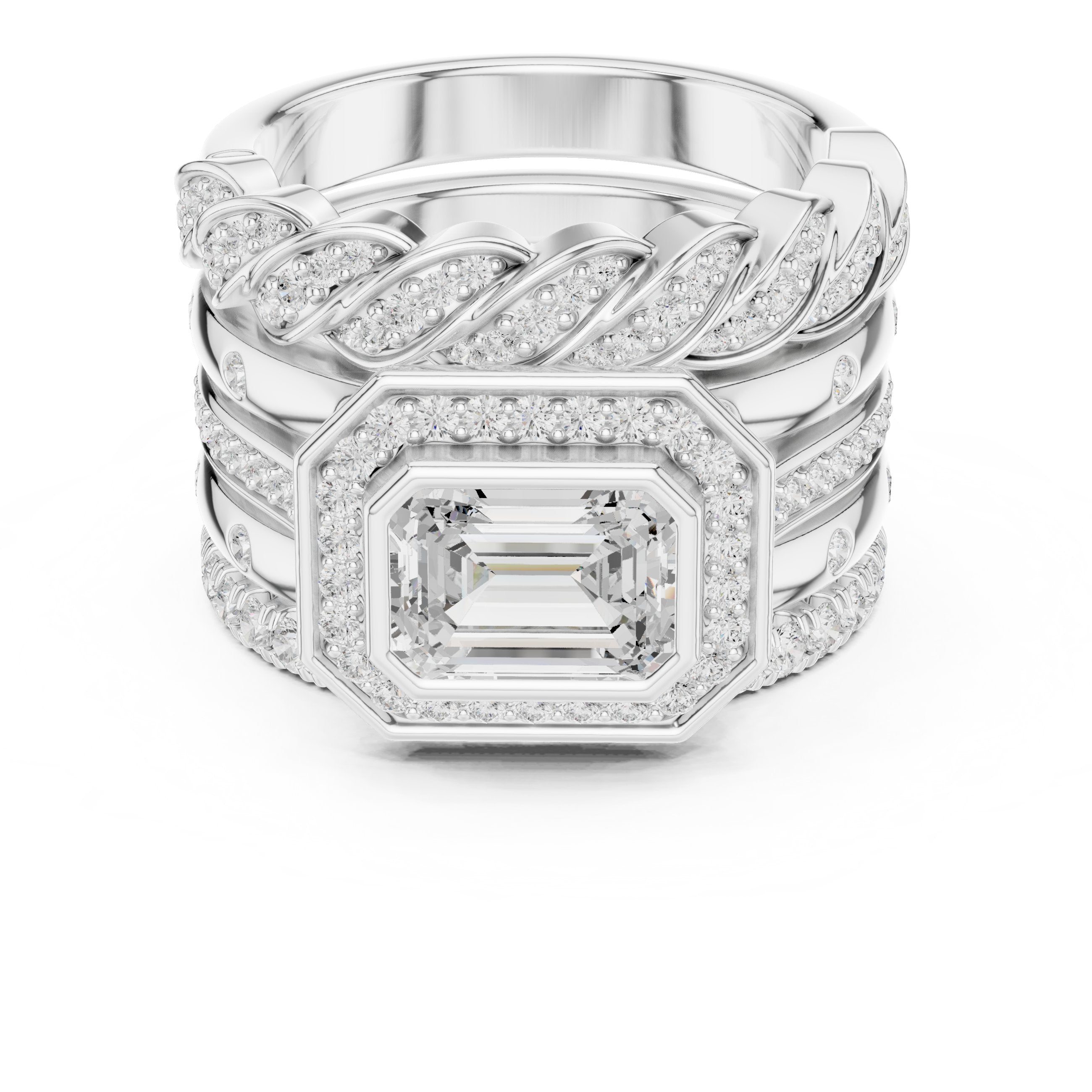 Emerald Cut Halo Engagement Ring with Stacked Multi-Band Pavé Wrap in White Gold - VYKA Diamonds
