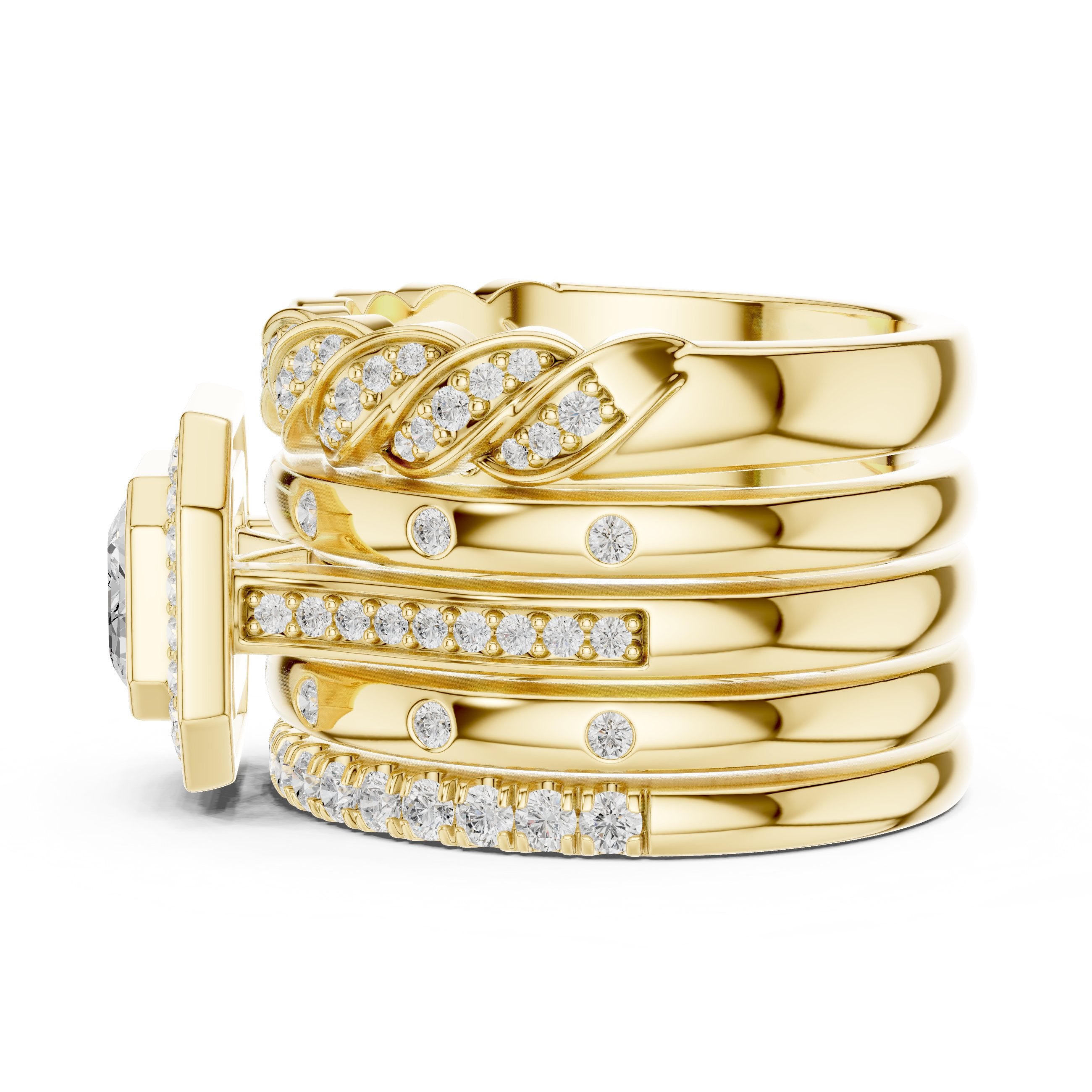 Emerald Cut Halo Engagement Ring with Stacked Multi-Band Pavé Wrap in Yellow Gold - VYKA Diamonds