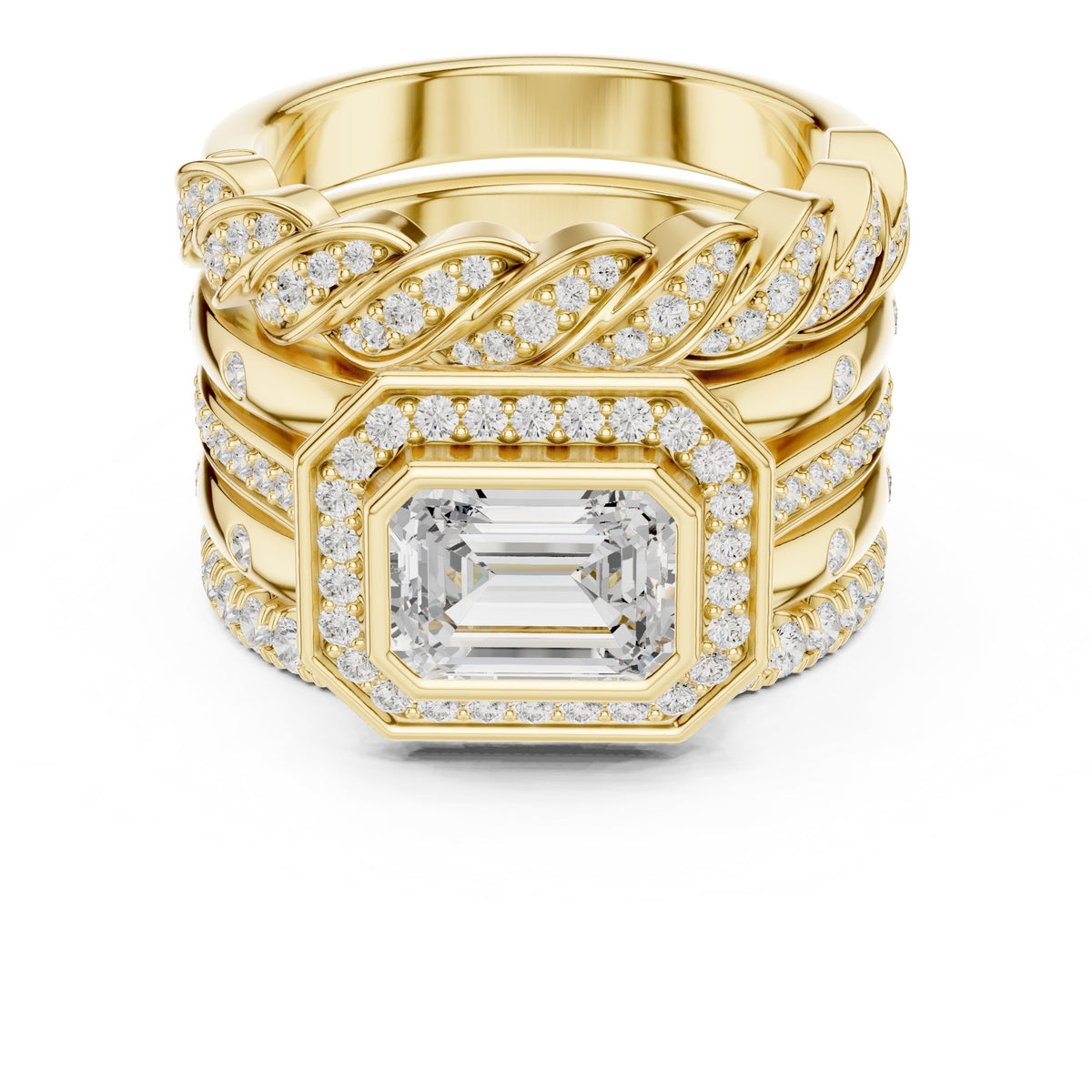 Emerald Cut Halo Engagement Ring with Stacked Multi-Band Pavé Wrap
