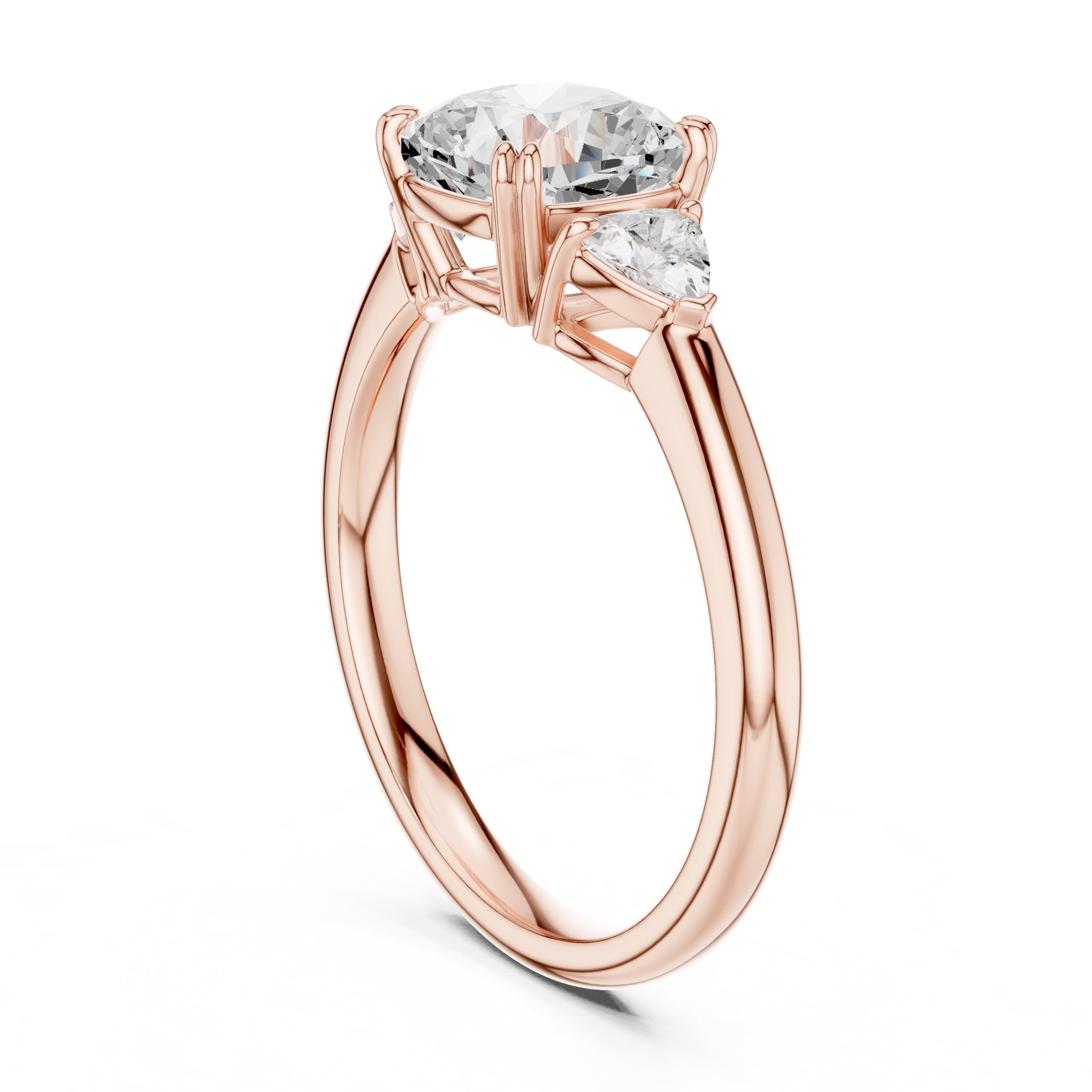 Cushion Cut Three Stone Engagement Ring with Trilliant Sides in Rose Gold - VYKA Diamonds