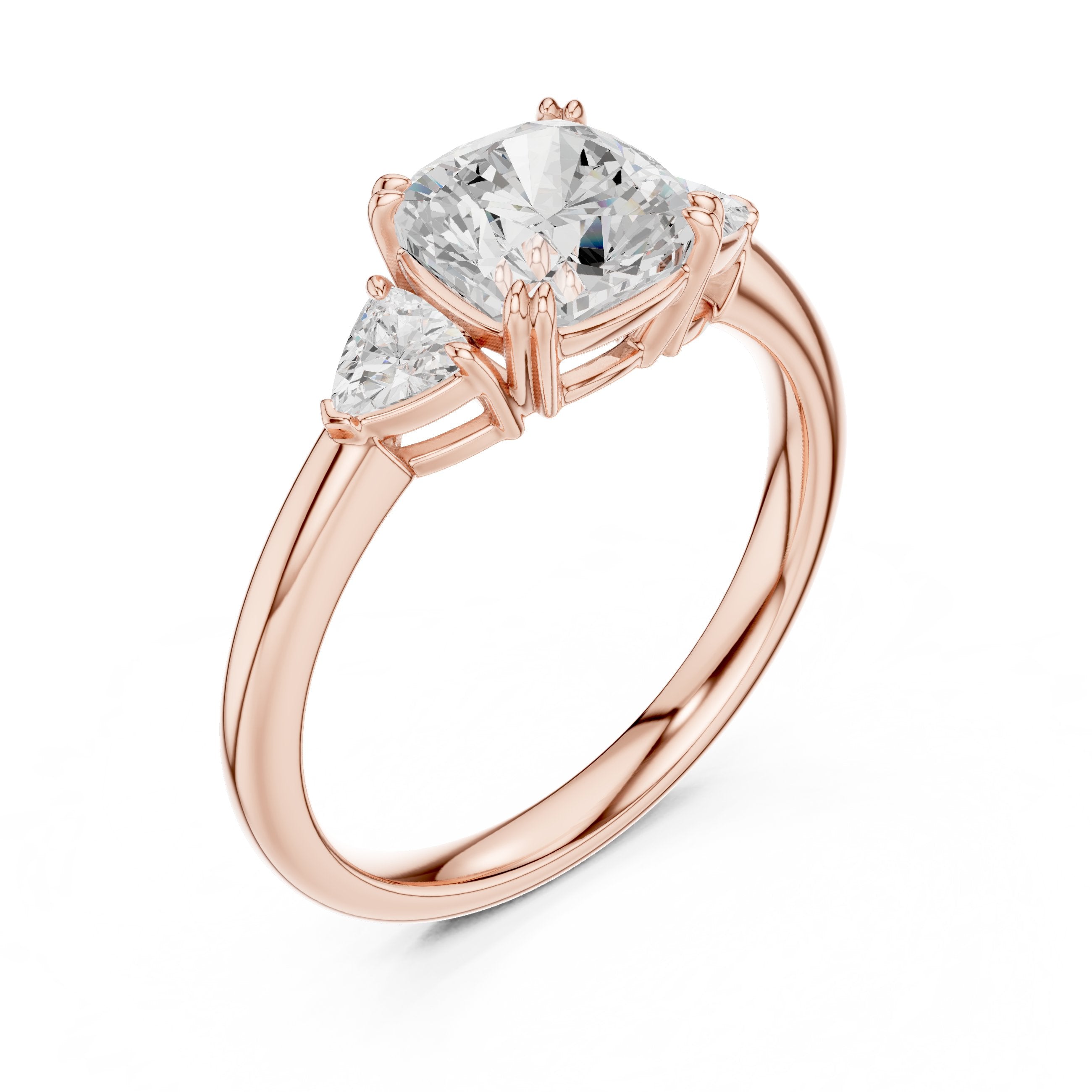 Cushion Cut Three Stone Engagement Ring with Trilliant Sides in Rose Gold - VYKA Diamonds
