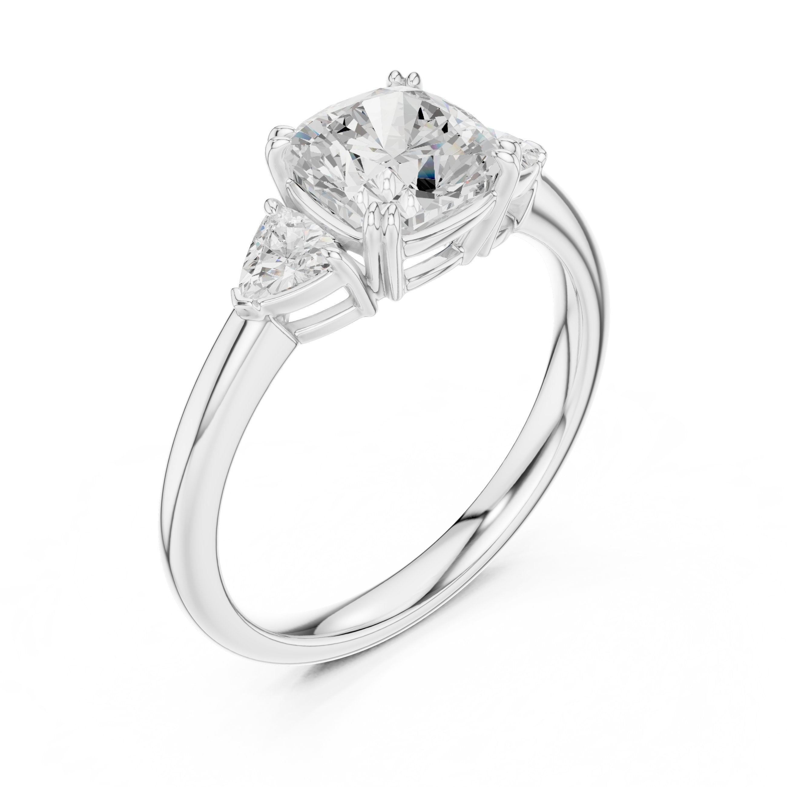 Cushion Cut Three Stone Engagement Ring with Trilliant Sides in White Gold - VYKA Diamonds