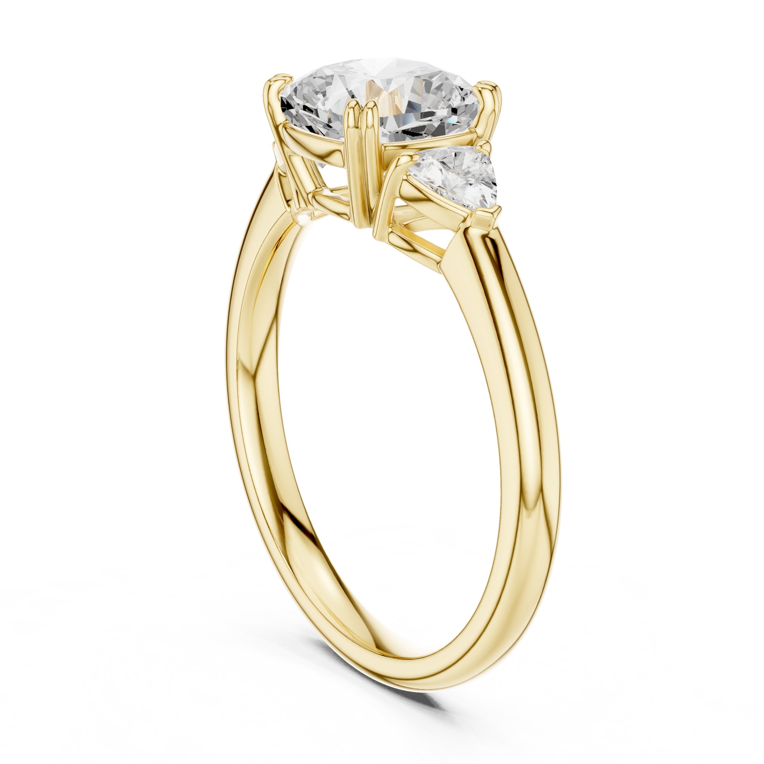 Cushion Cut Three Stone Engagement Ring with Trilliant Sides in Yellow Gold - VYKA Diamonds