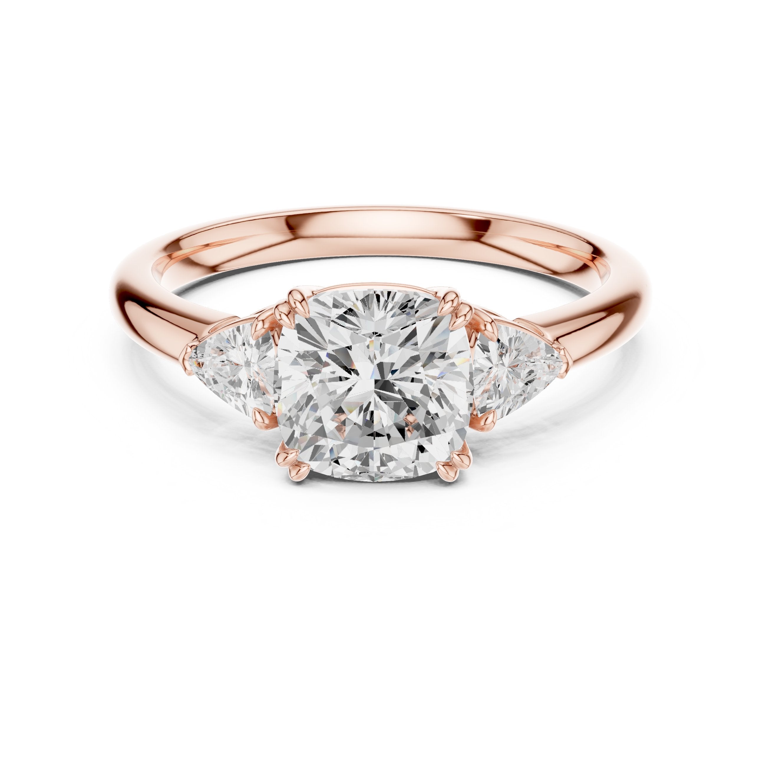 Cushion Cut Three Stone Engagement Ring with Trilliant Sides in Rose Gold - VYKA Diamonds