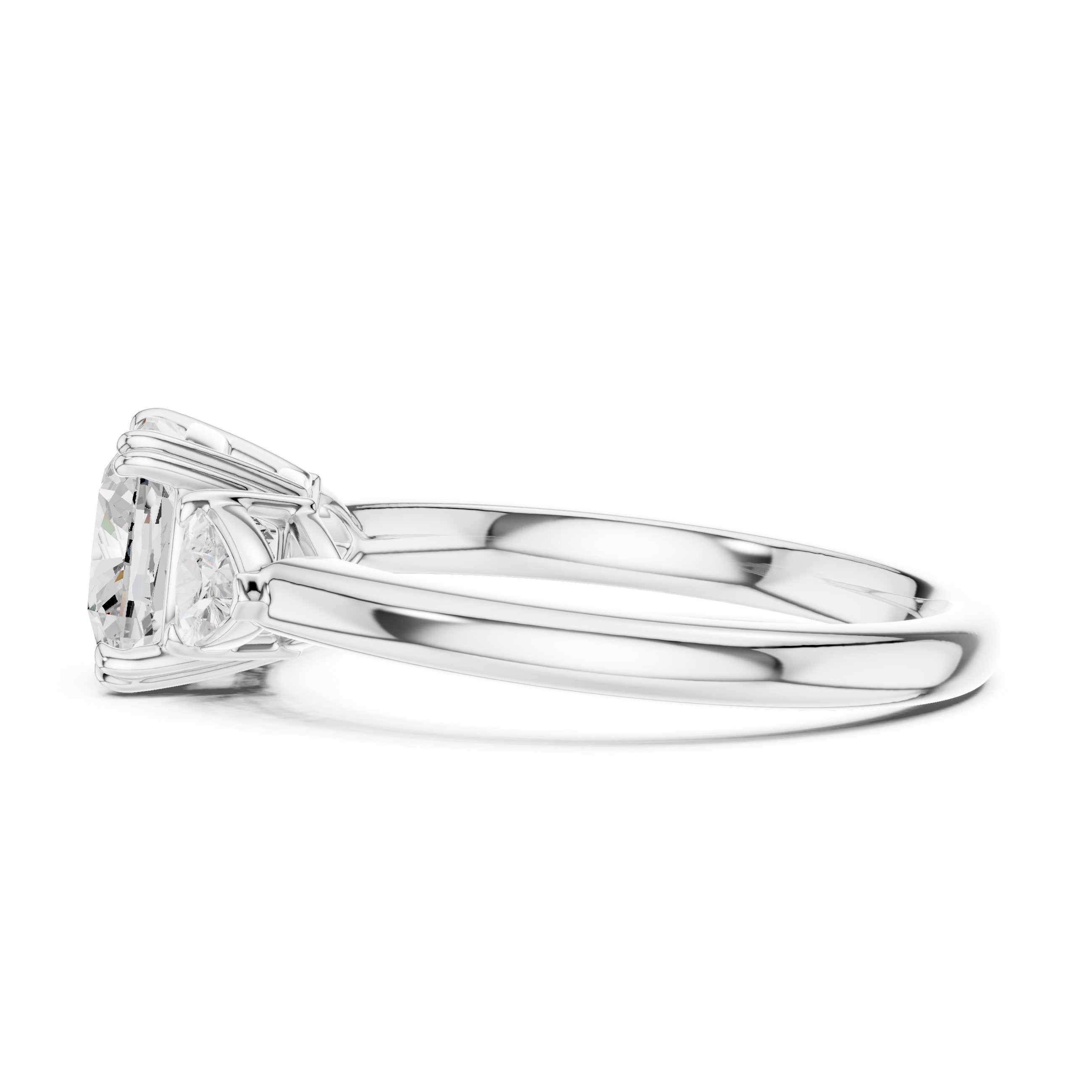 Cushion Cut Three Stone Engagement Ring with Trilliant Sides in White Gold - VYKA Diamonds