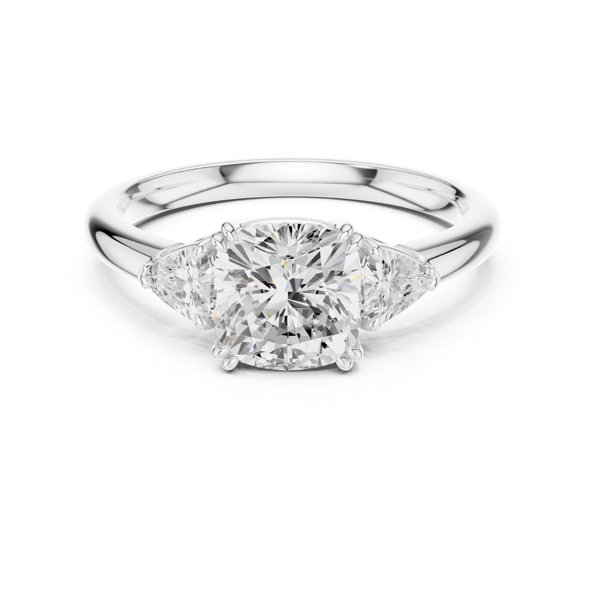 Cushion Cut Three Stone Engagement Ring with Trilliant Sides