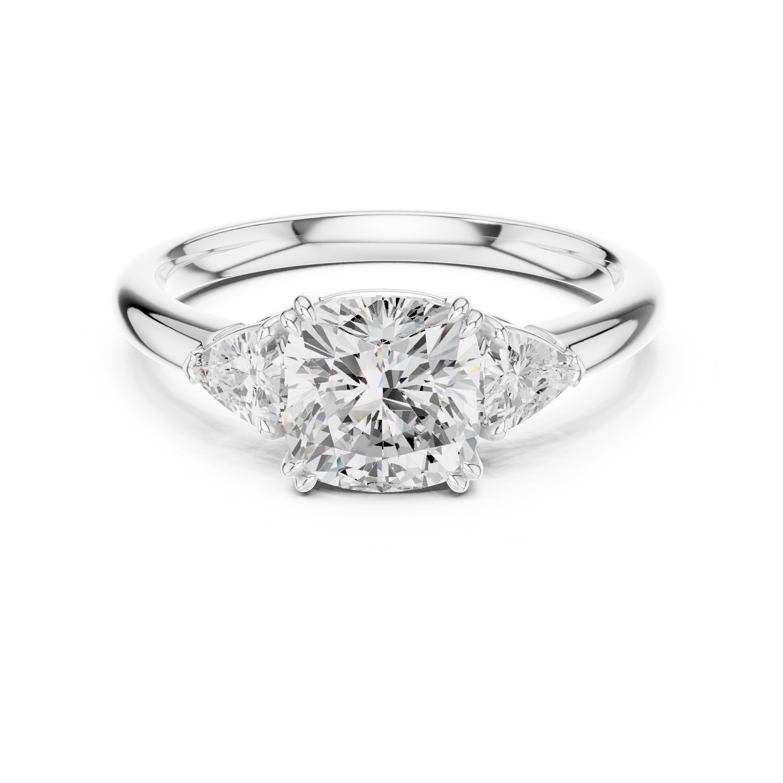 Cushion Cut Three Stone Engagement Ring with Trilliant Sides in White Gold - VYKA Diamonds