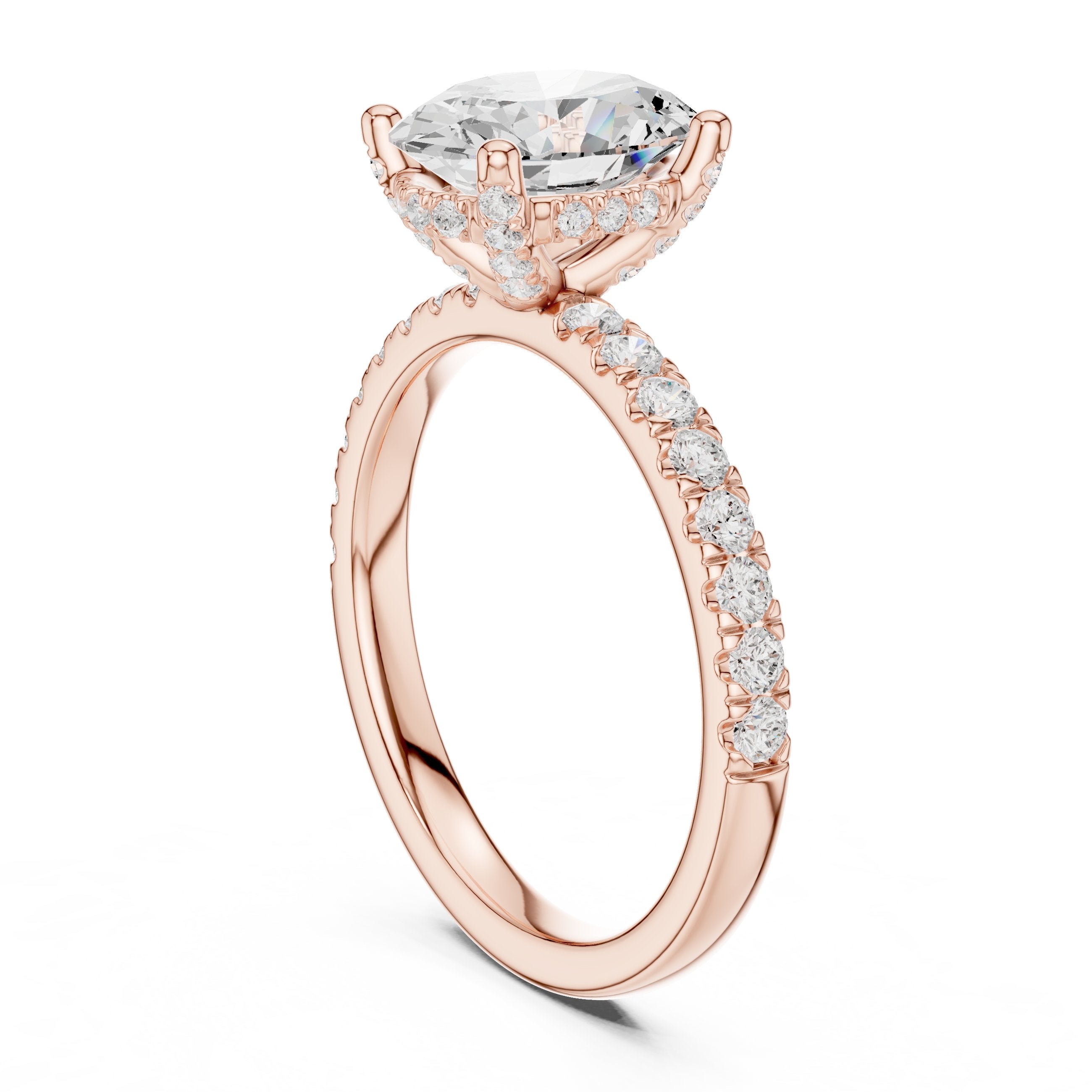 Oval Diamond Hidden Halo Engagement Ring with Pavé Band in Rose Gold - VYKA Diamonds