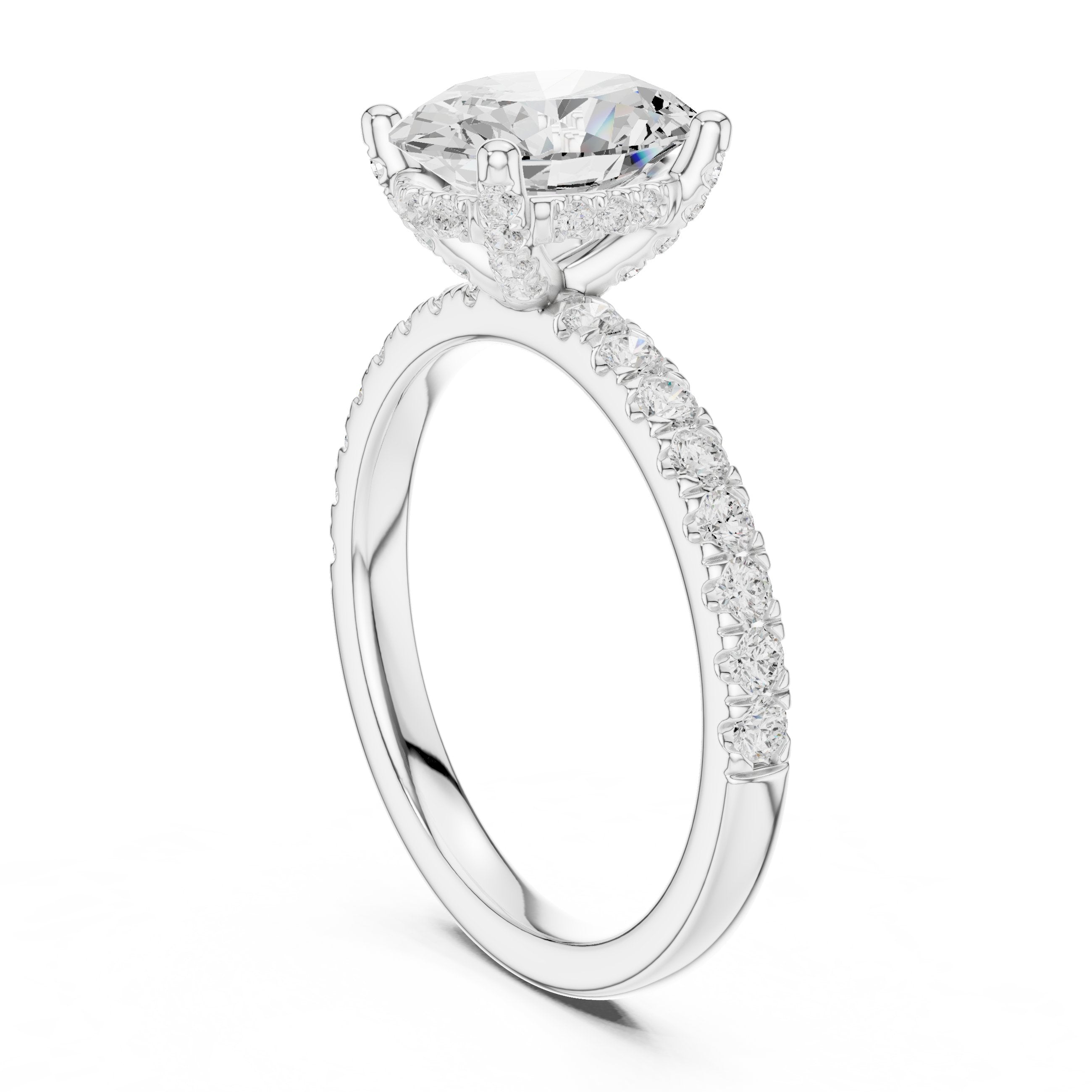 Oval Diamond Hidden Halo Engagement Ring with Pavé Band in White Gold - VYKA Diamonds