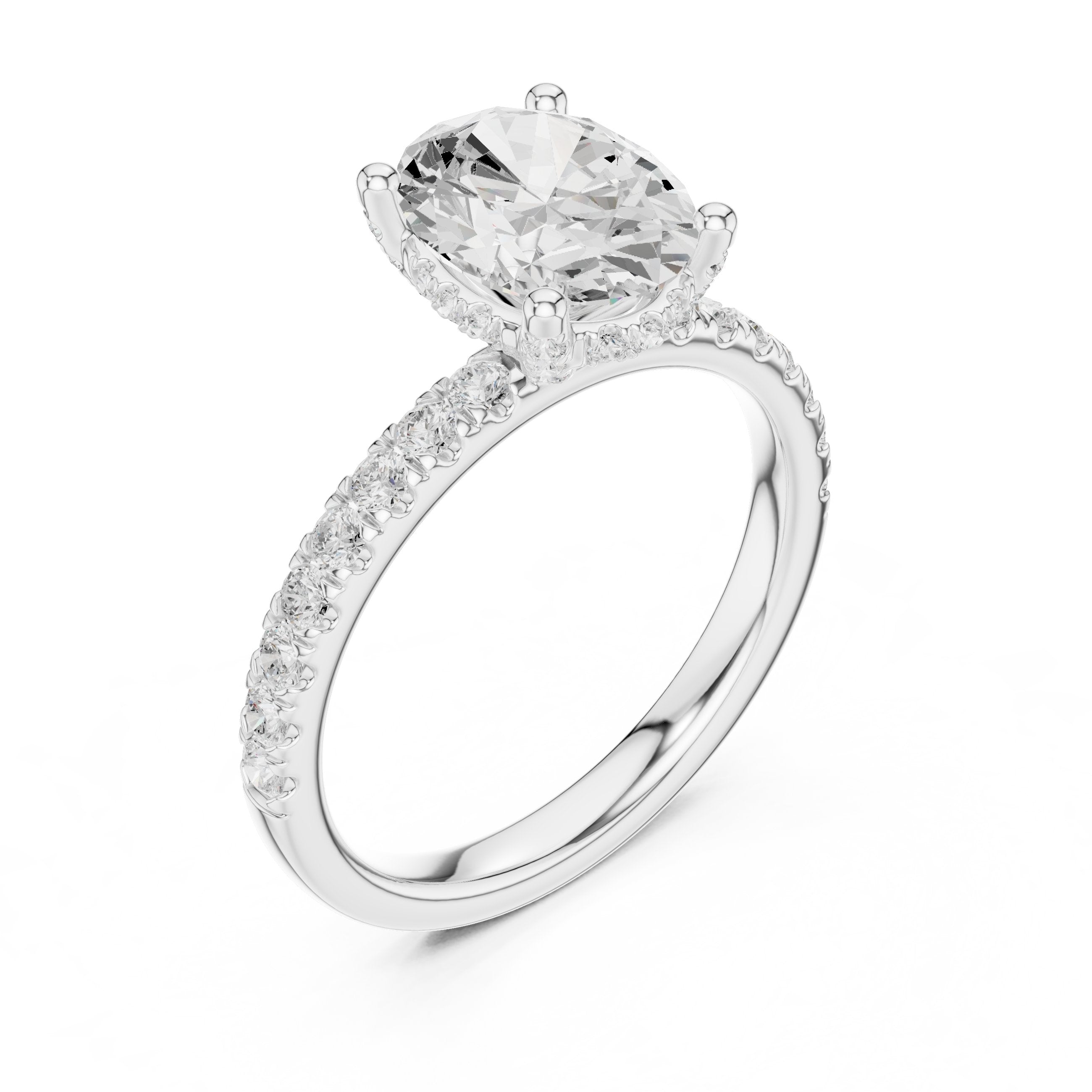 Oval Diamond Hidden Halo Engagement Ring with Pavé Band in White Gold - VYKA Diamonds