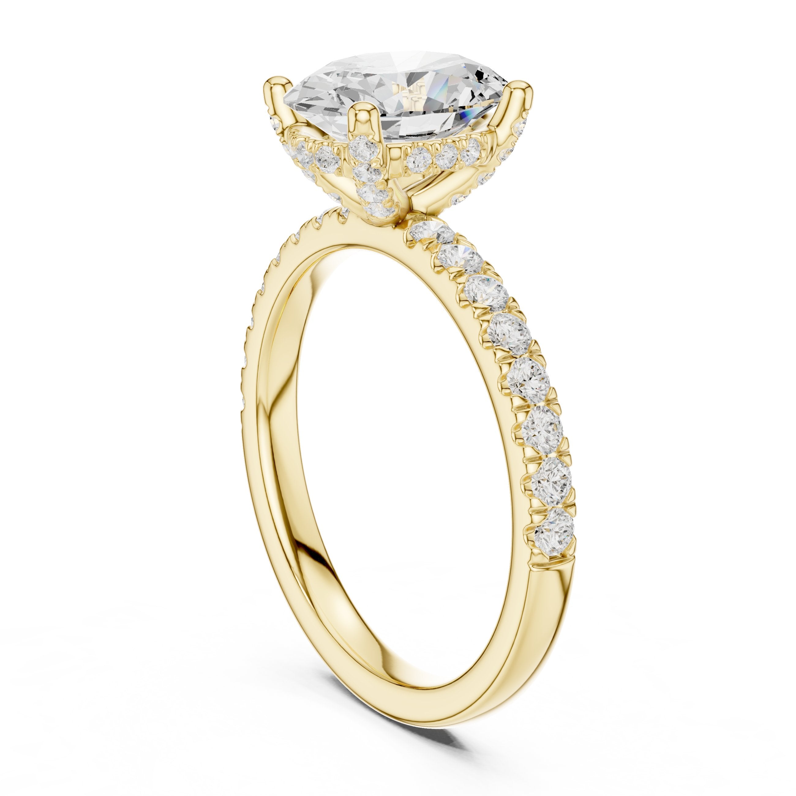 Oval Diamond Hidden Halo Engagement Ring with Pavé Band in Yellow Gold - VYKA Diamonds