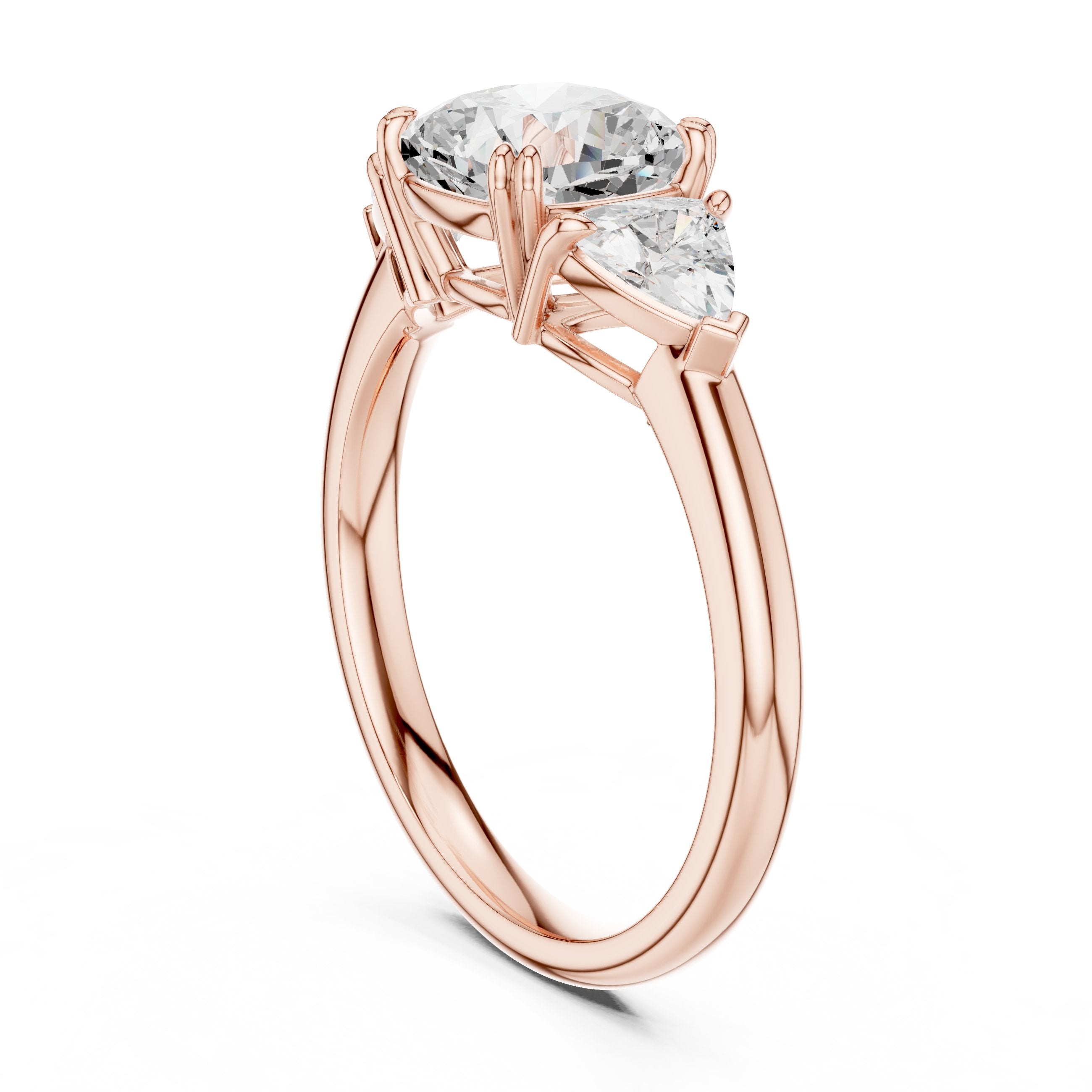 Cushion Cut Three Stone Engagement Ring with Trilliant Sides in Rose Gold - VYKA Diamonds