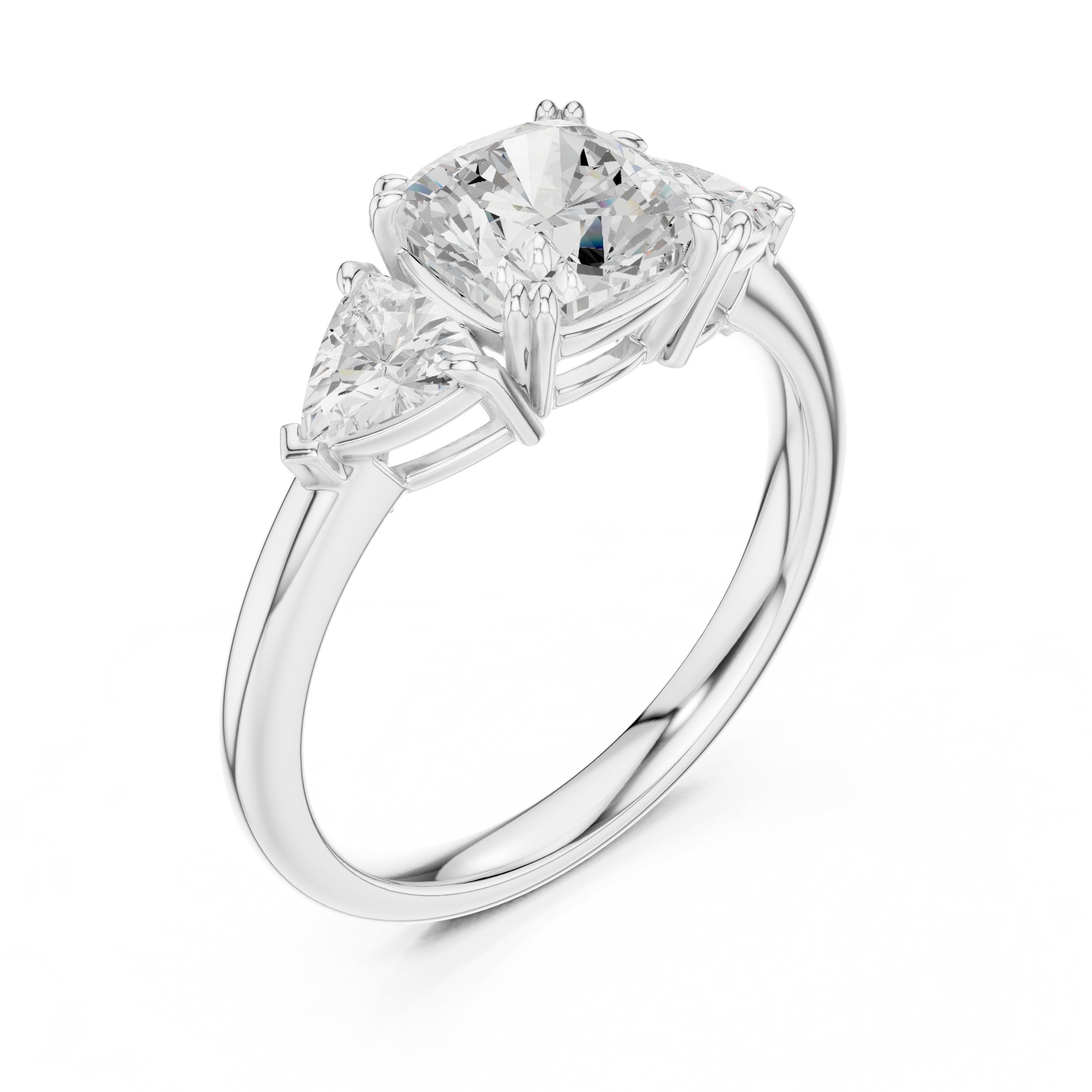 Cushion Cut Three Stone Engagement Ring with Trilliant Sides in White Gold - VYKA Diamonds