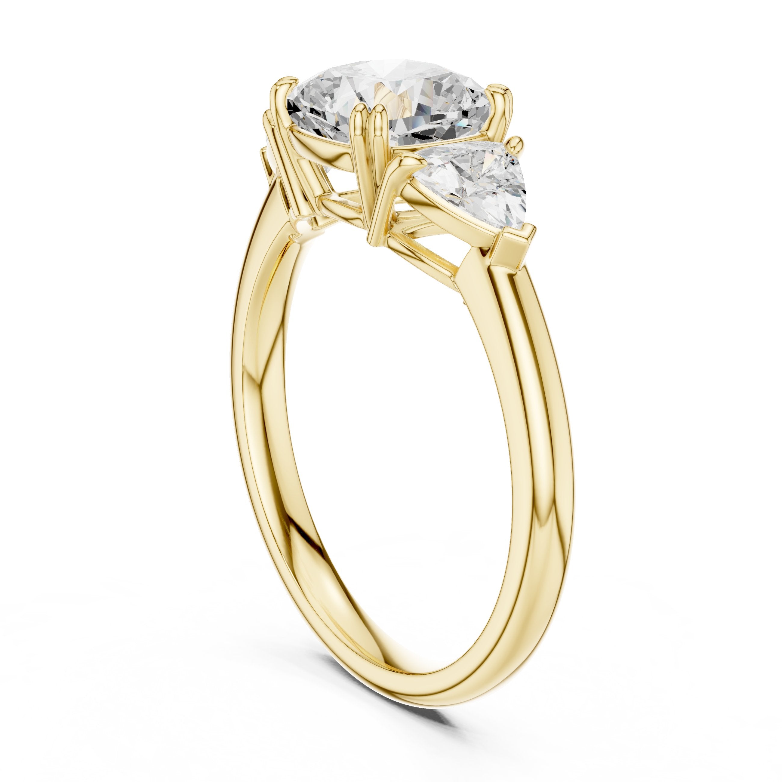 Cushion Cut Three Stone Engagement Ring with Trilliant Sides in Yellow Gold - VYKA Diamonds