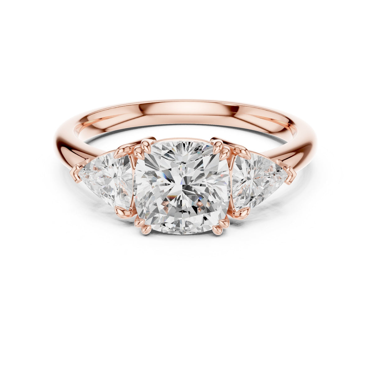 Cushion Cut Three Stone Engagement Ring with Trilliant Sides