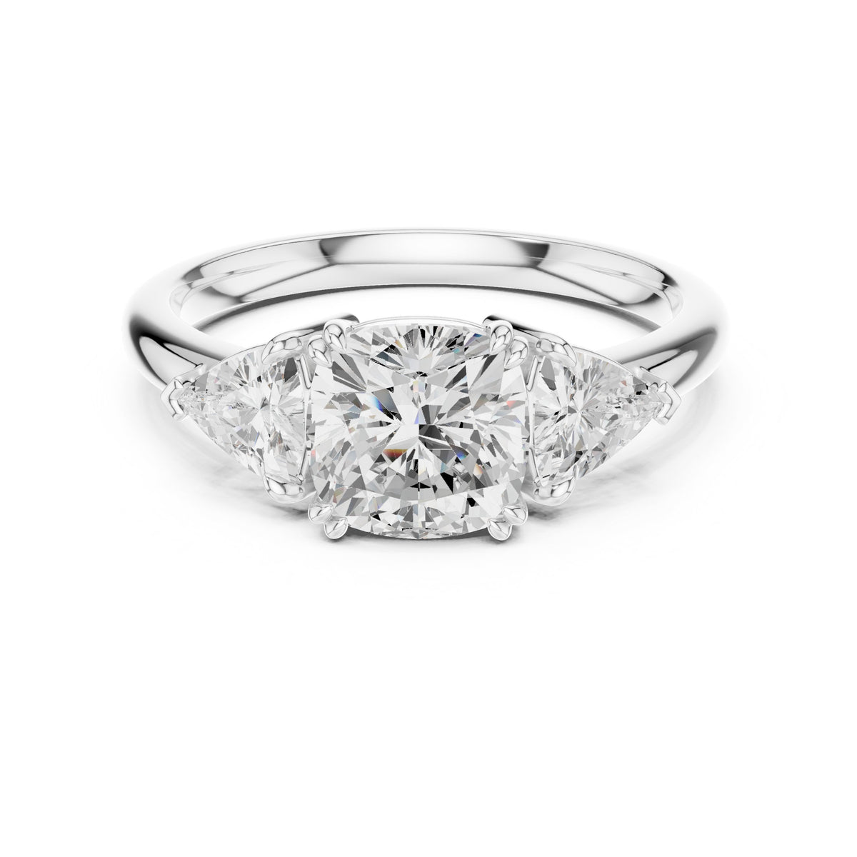 Cushion Cut Three Stone Engagement Ring with Trilliant Sides