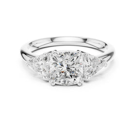Cushion Cut Three Stone Engagement Ring with Trilliant Sides