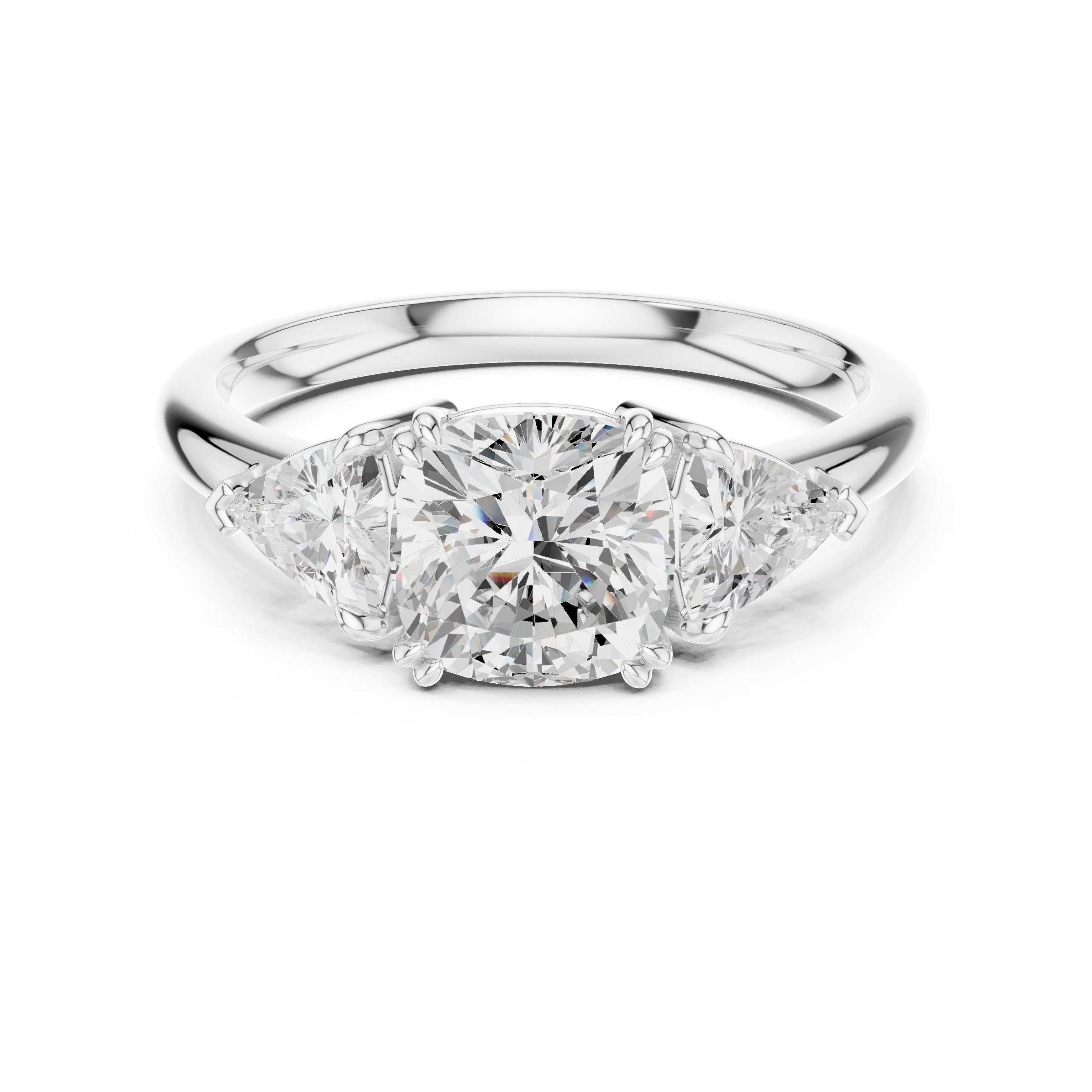 Cushion Cut Three Stone Engagement Ring with Trilliant Sides in White Gold - VYKA Diamonds