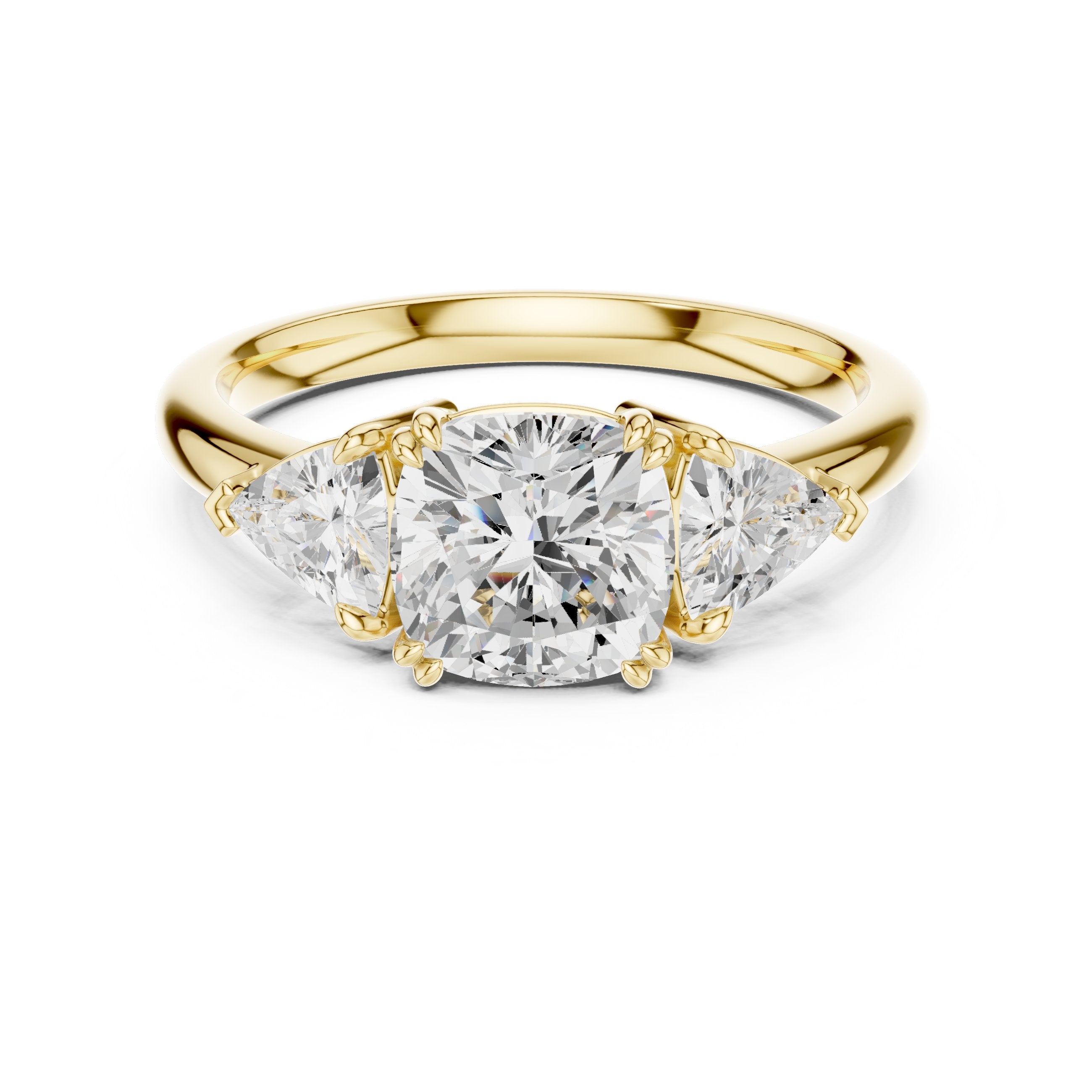 Cushion Cut Three Stone Engagement Ring with Trilliant Sides in Yellow Gold - VYKA Diamonds