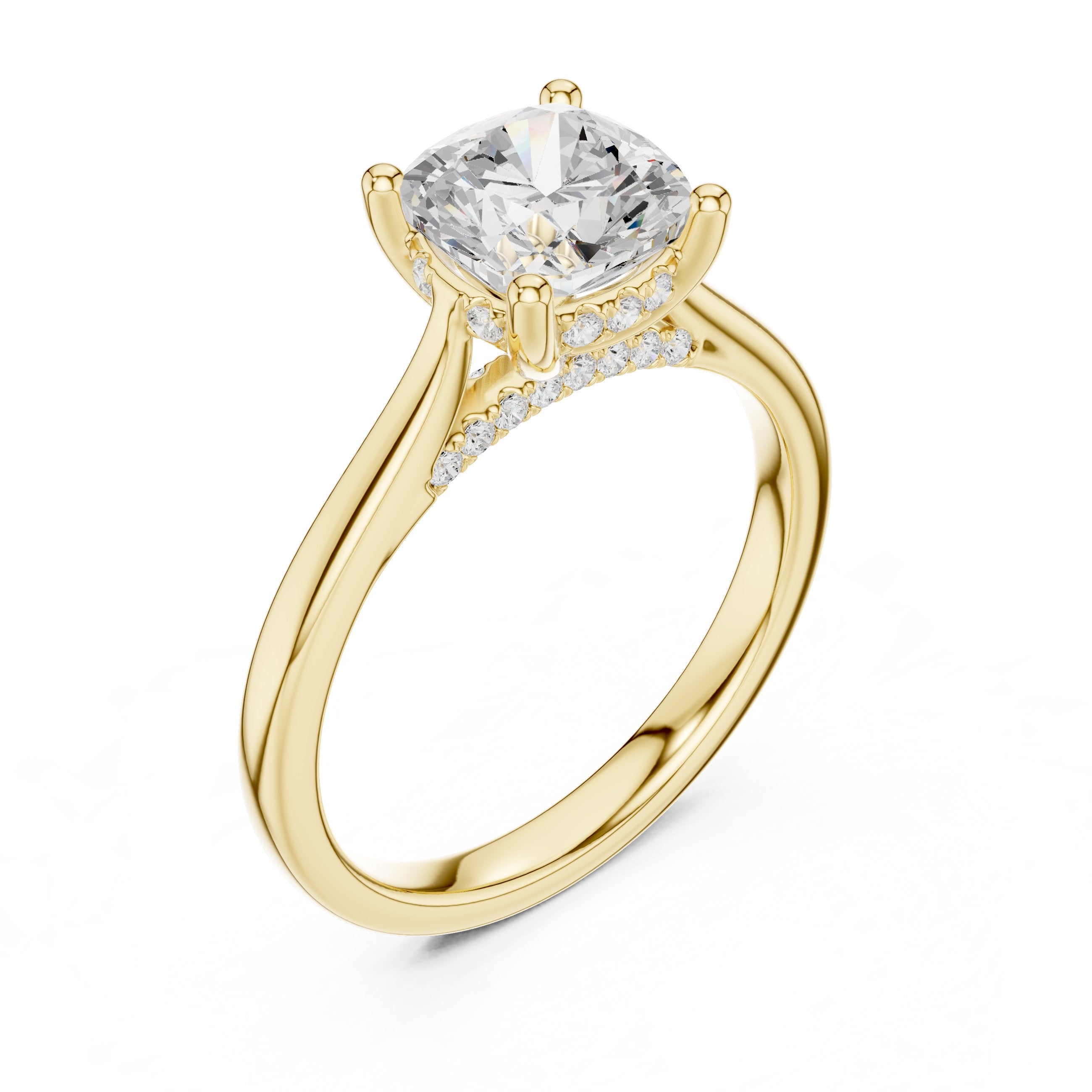 Cushion Cut Solitaire Engagement Ring with Cathedral Band in Yellow Gold - VYKA Diamonds