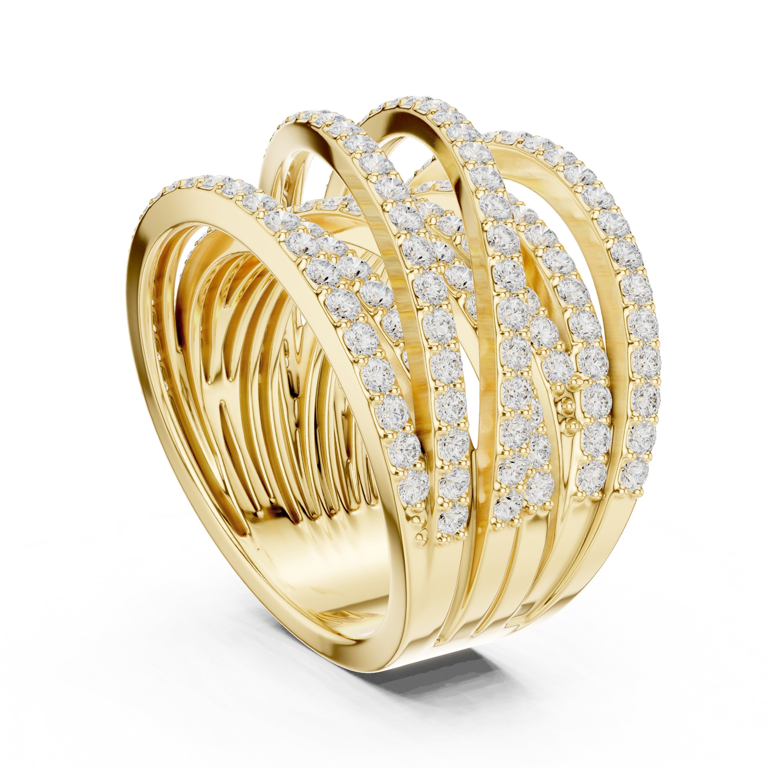 Round Diamond Wide Crossover Pavé Statement Band in Yellow Gold - VYKA Diamonds