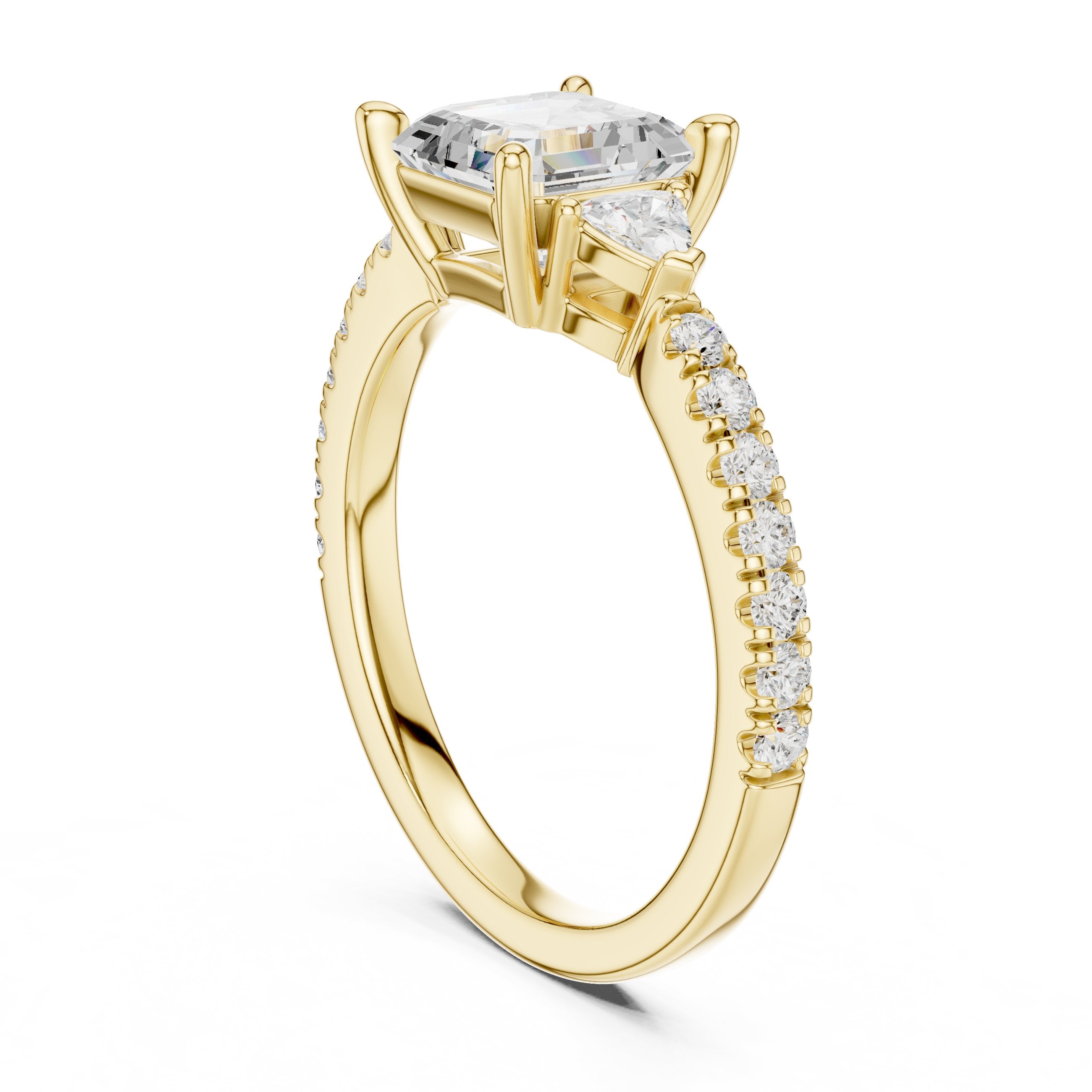 Asscher Cut Three Stone Engagement Ring with Trilliant Sides and Pavé Band in Yellow Gold - VYKA Diamonds