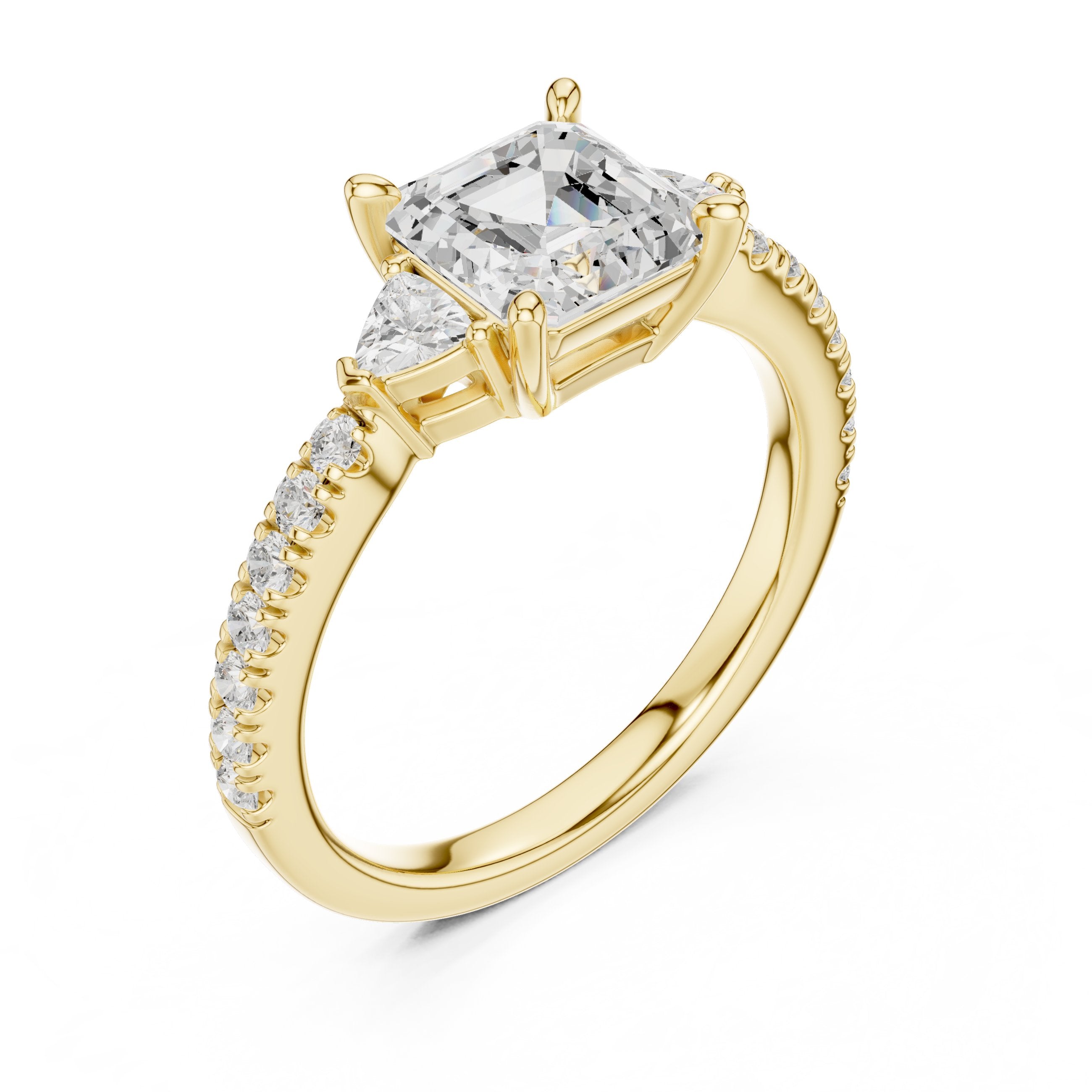Asscher Cut Three Stone Engagement Ring with Trilliant Sides and Pavé Band in Yellow Gold - VYKA Diamonds