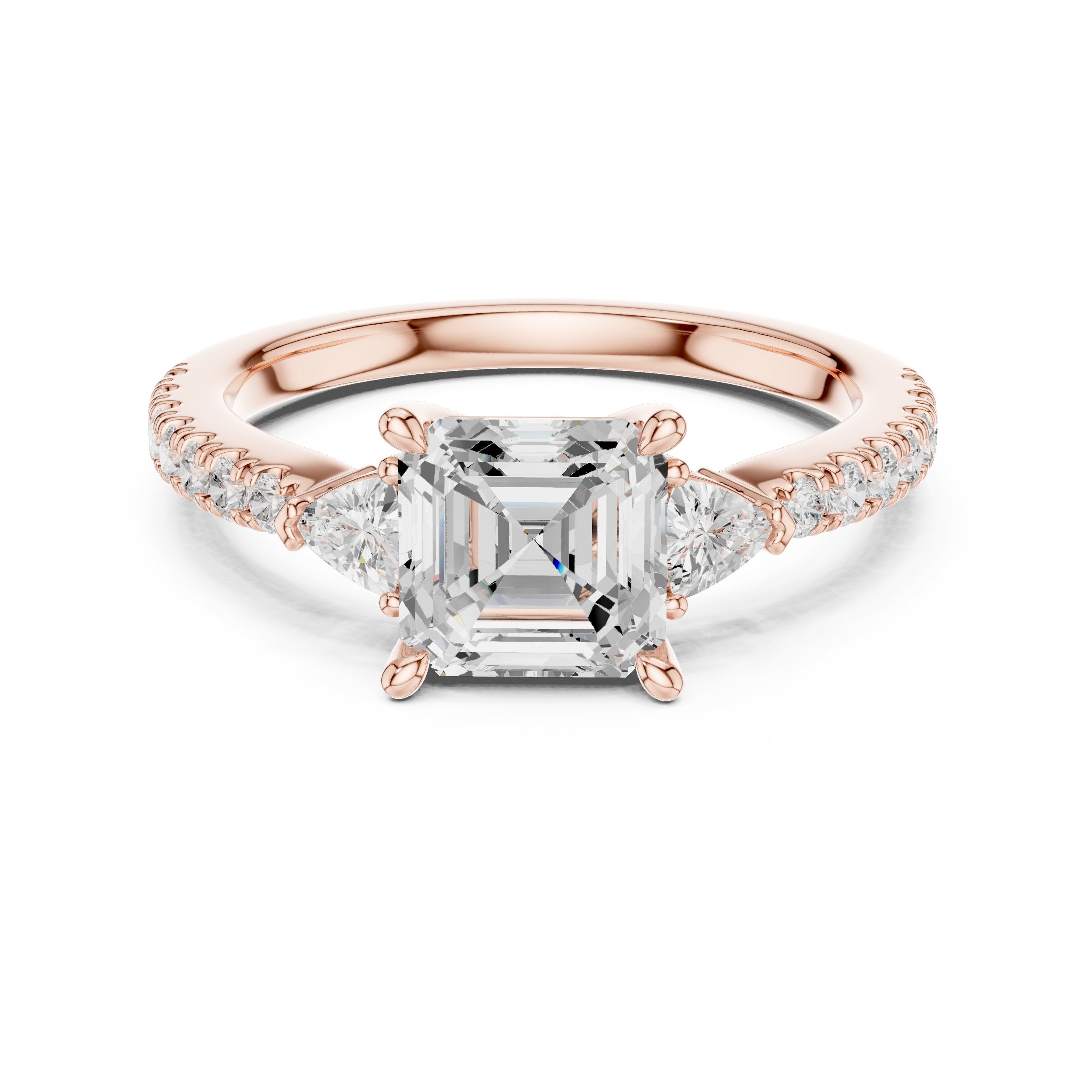 Asscher Cut Three Stone Engagement Ring with Trilliant Sides and Pavé Band in Rose Gold - VYKA Diamonds
