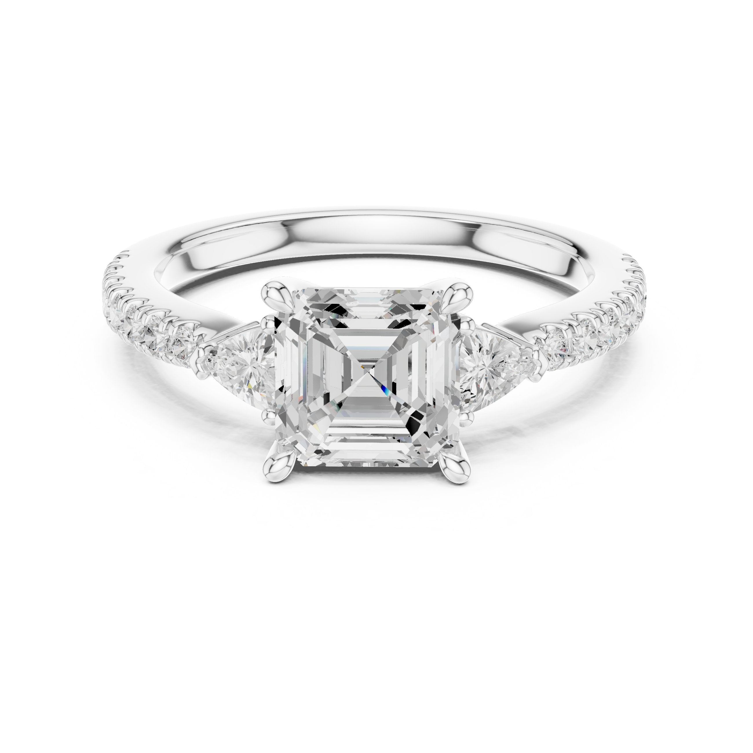 Asscher Cut Three Stone Engagement Ring with Trilliant Sides and Pavé Band in White Gold - VYKA Diamonds