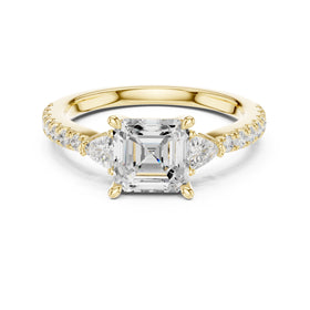 Asscher Cut Three Stone Engagement Ring with Trilliant Sides and Pavé Band