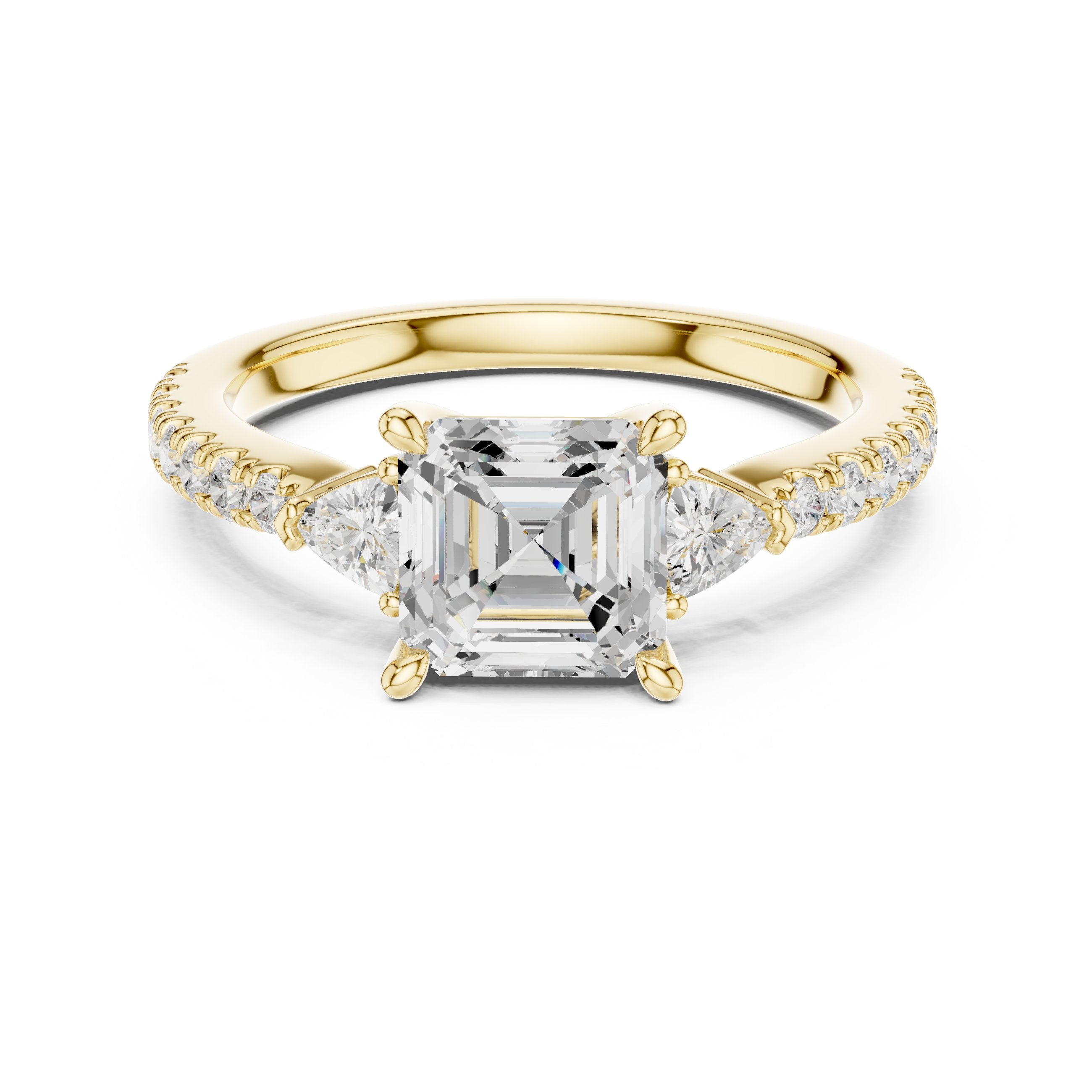 Asscher Cut Three Stone Engagement Ring with Trilliant Sides and Pavé Band in Yellow Gold - VYKA Diamonds
