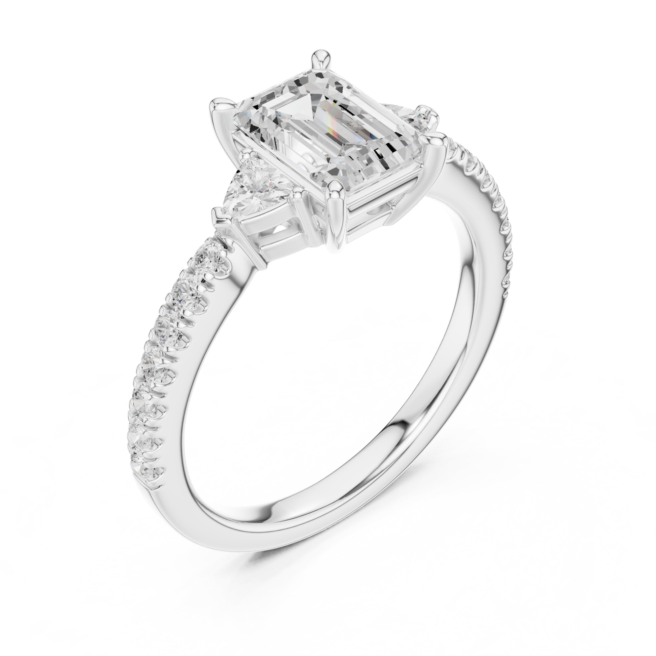 Emerald Cut Three Stone Engagement Ring with Trilliant Sides and Pavé Band in White Gold - VYKA Diamonds