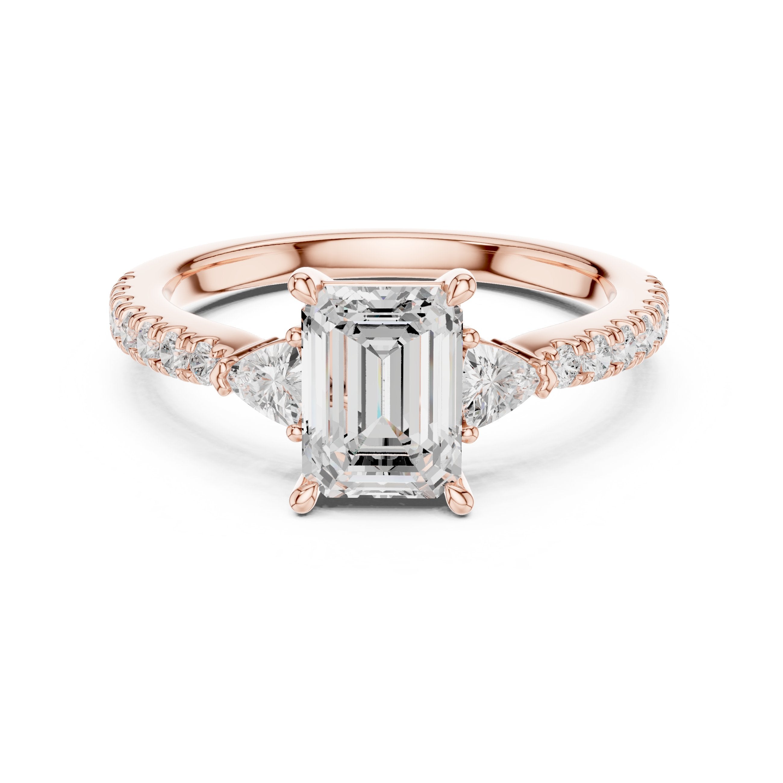 Emerald Cut Three Stone Engagement Ring with Trilliant Sides and Pavé Band in Rose Gold - VYKA Diamonds