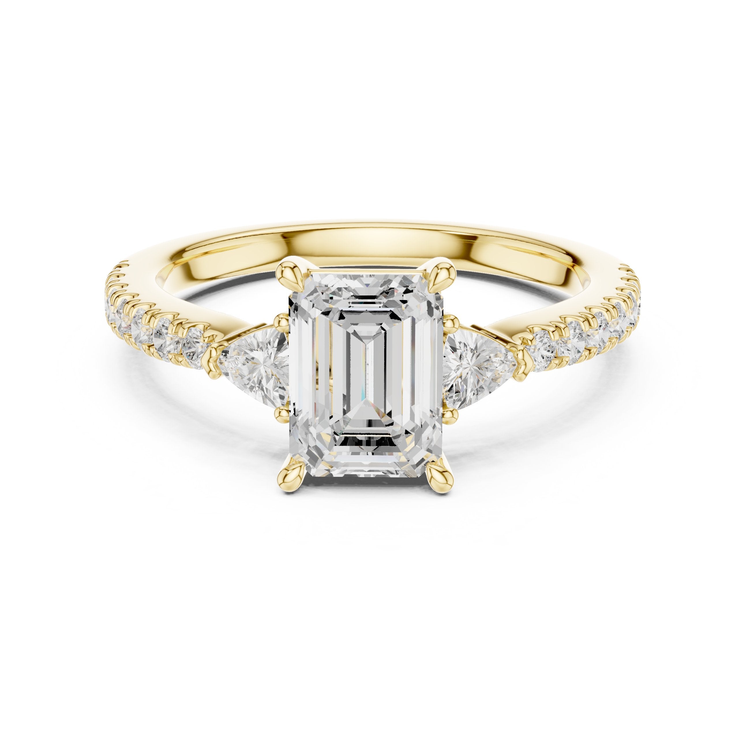 Emerald Cut Three Stone Engagement Ring with Trilliant Sides and Pavé Band in Yellow Gold - VYKA Diamonds