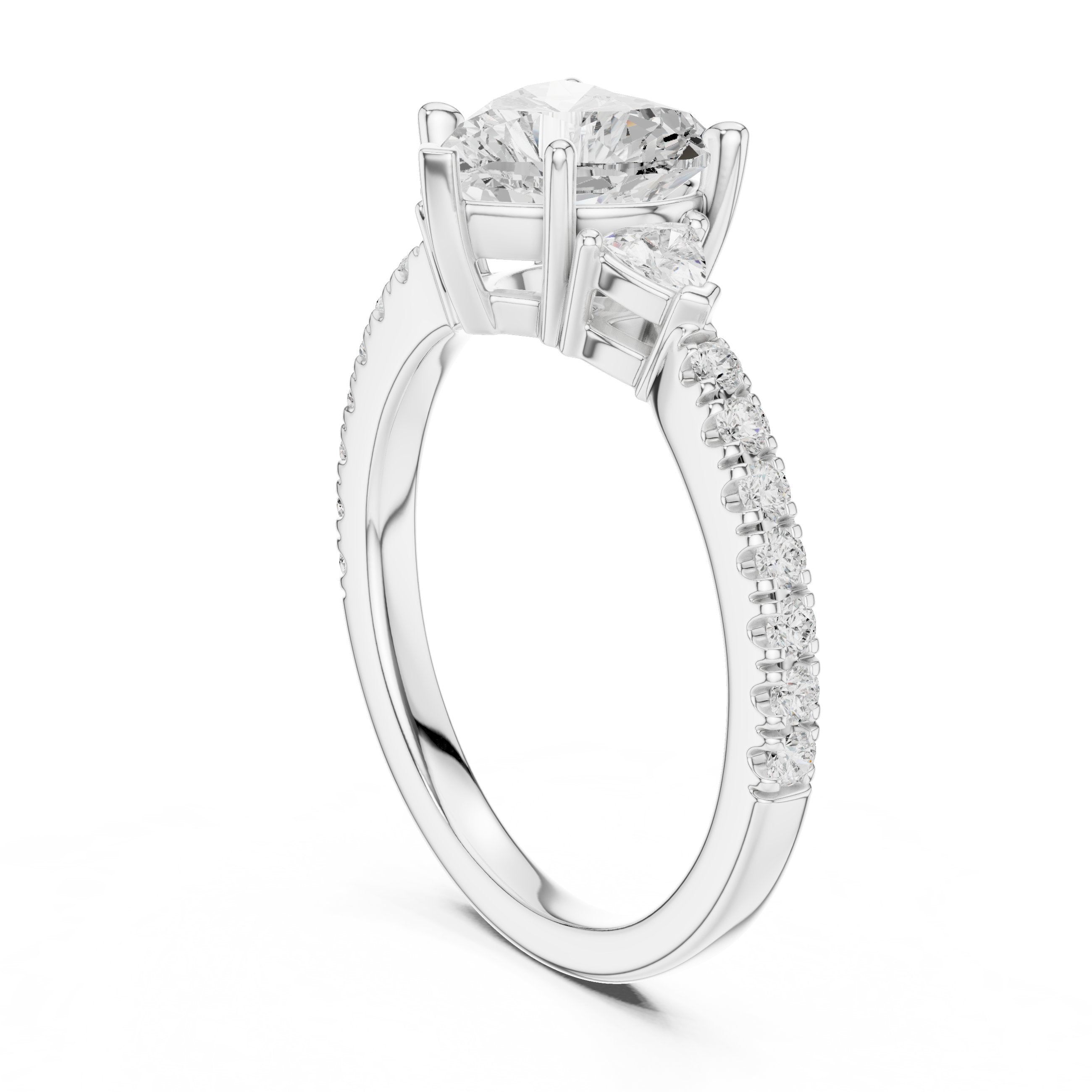Heart Cut Three Stone Engagement Ring with Trilliant Sides and Pavé Band in White Gold - VYKA Diamonds
