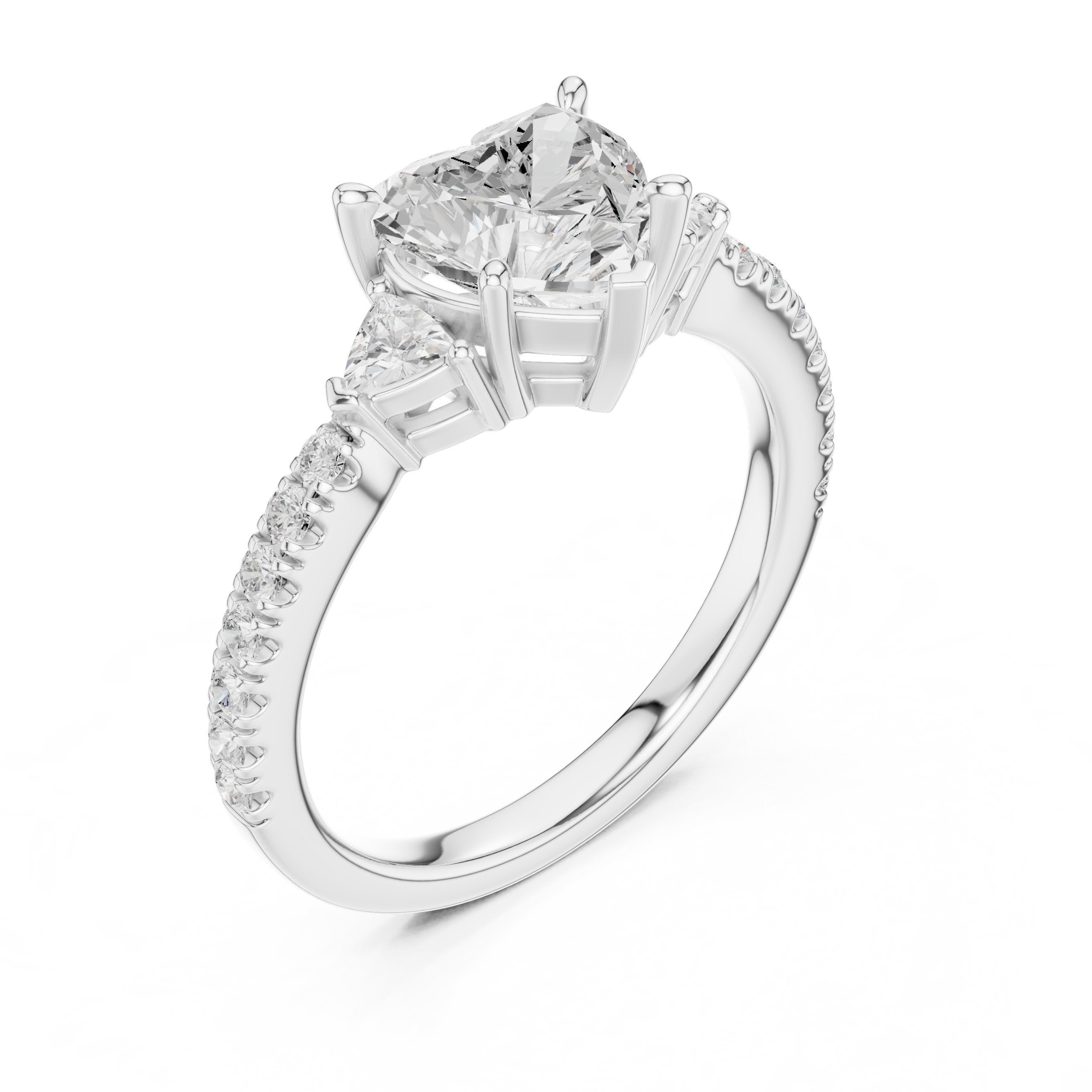 Heart Cut Three Stone Engagement Ring with Trilliant Sides and Pavé Band in White Gold - VYKA Diamonds