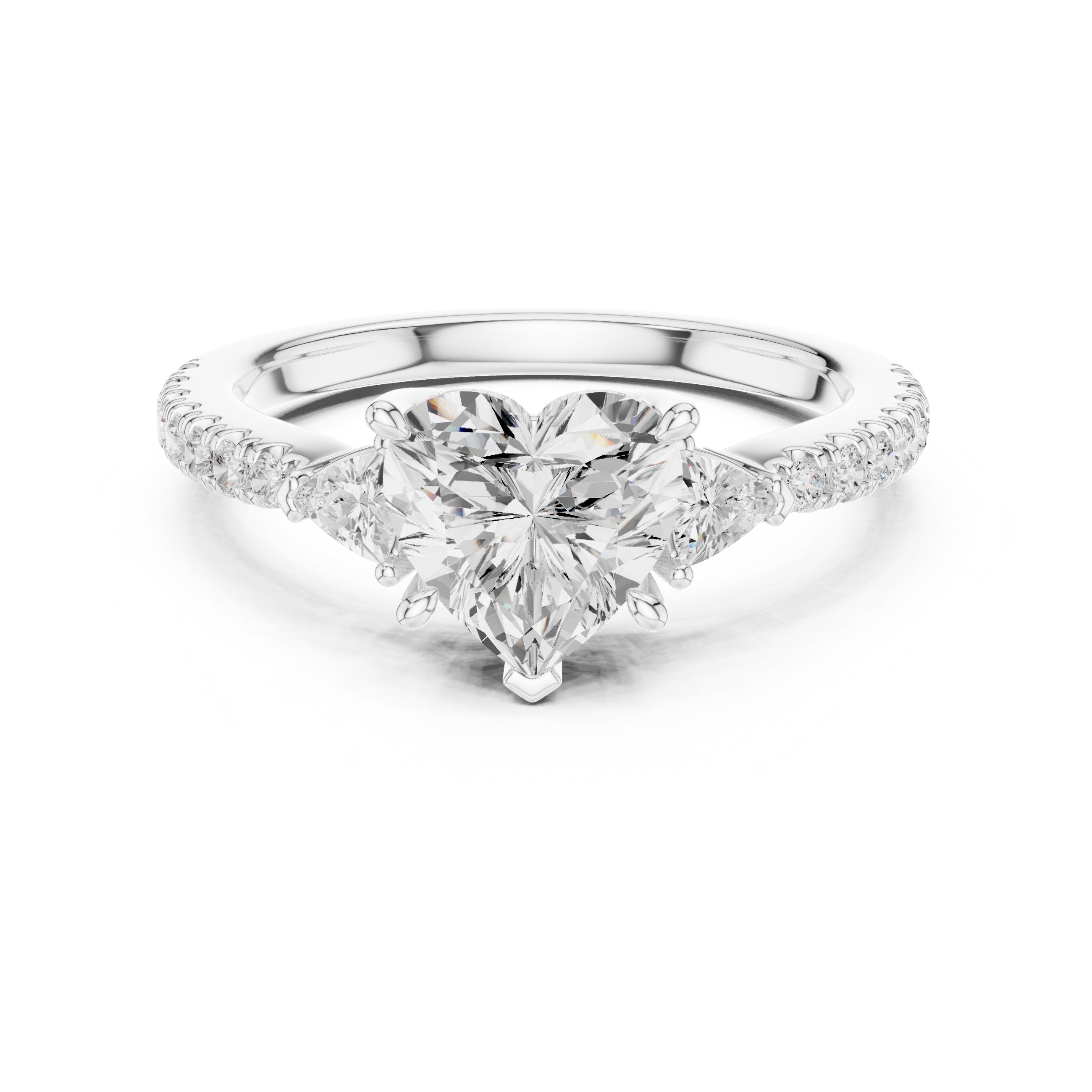 Heart Cut Three Stone Engagement Ring with Trilliant Sides and Pavé Band in White Gold - VYKA Diamonds