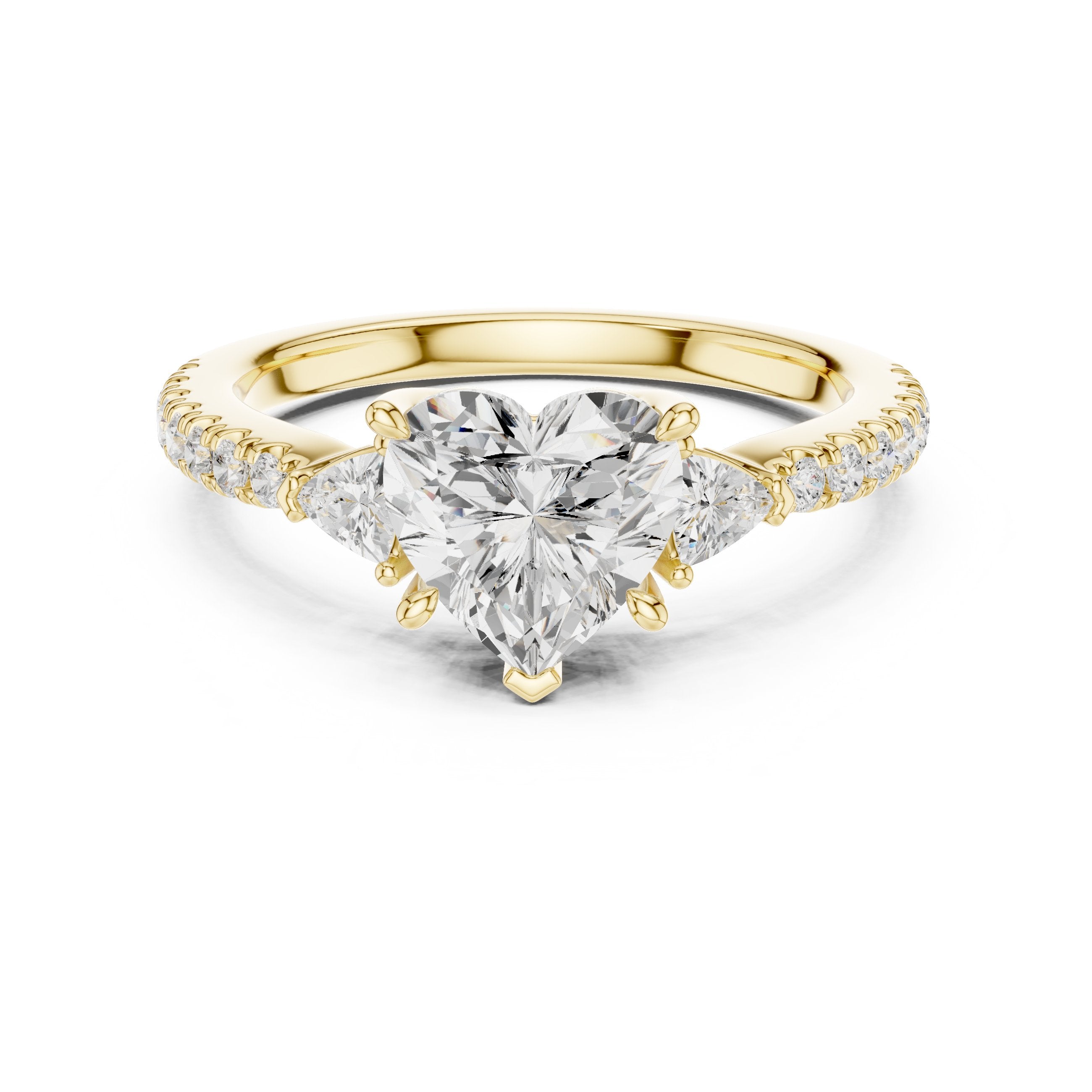 Heart Cut Three Stone Engagement Ring with Trilliant Sides and Pavé Band in Yellow Gold - VYKA Diamonds