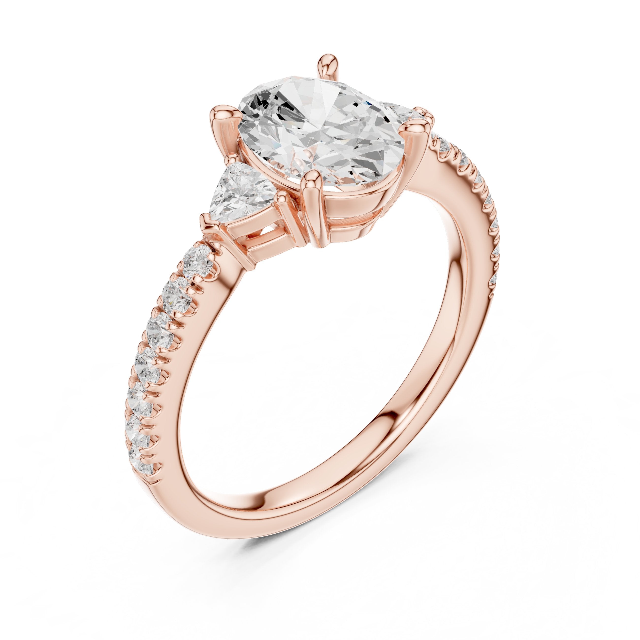 Oval Diamond Three Stone Engagement Ring with Trilliant Sides and Pavé Band in Rose Gold - VYKA Diamonds