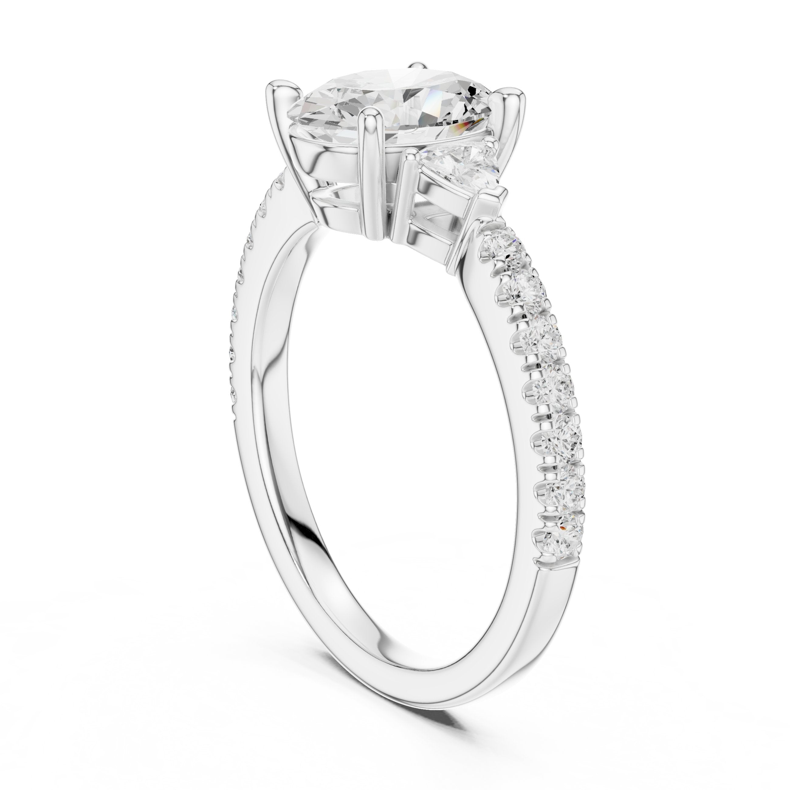 Oval Diamond Three Stone Engagement Ring with Trilliant Sides and Pavé Band in White Gold - VYKA Diamonds