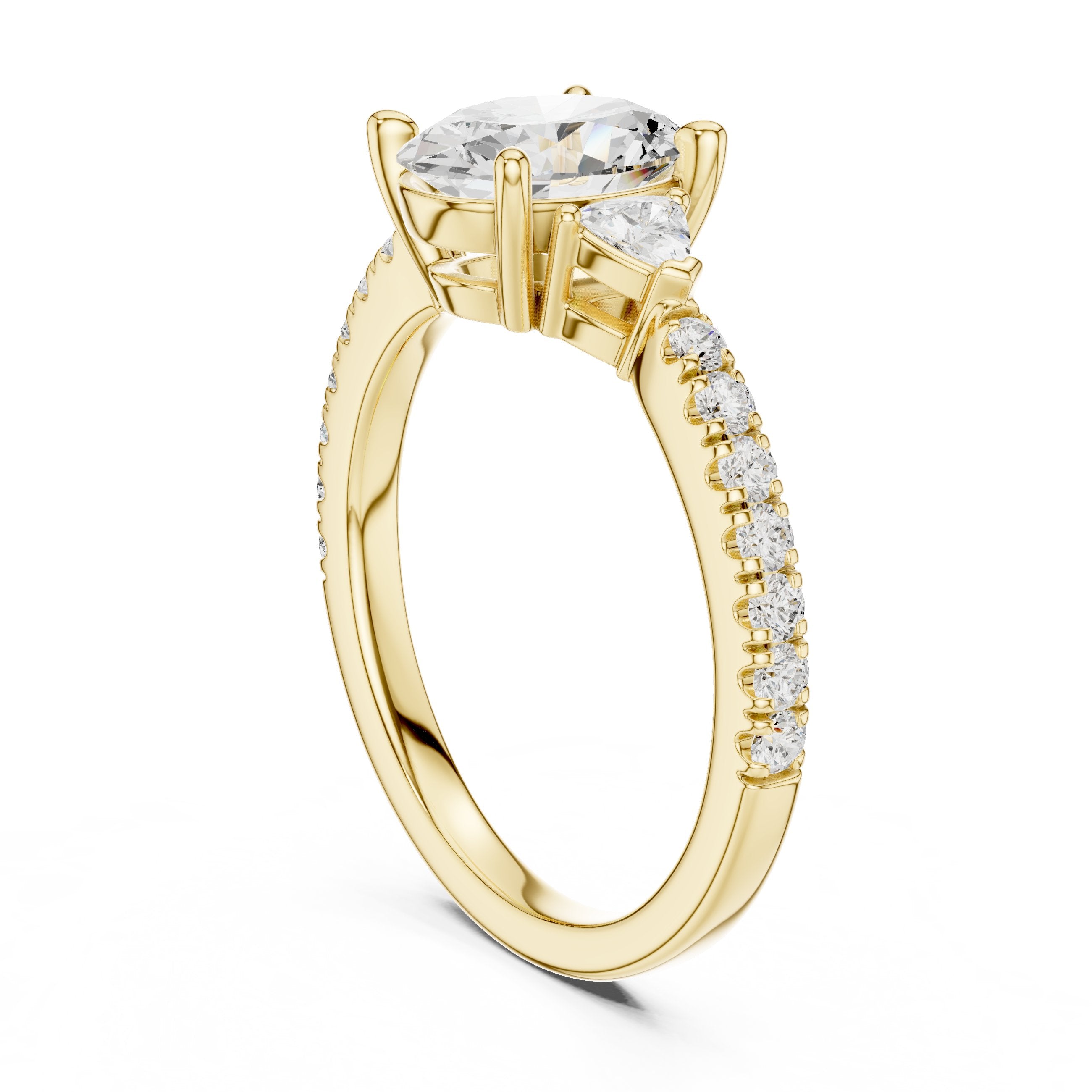 Oval Diamond Three Stone Engagement Ring with Trilliant Sides and Pavé Band in Yellow Gold - VYKA Diamonds