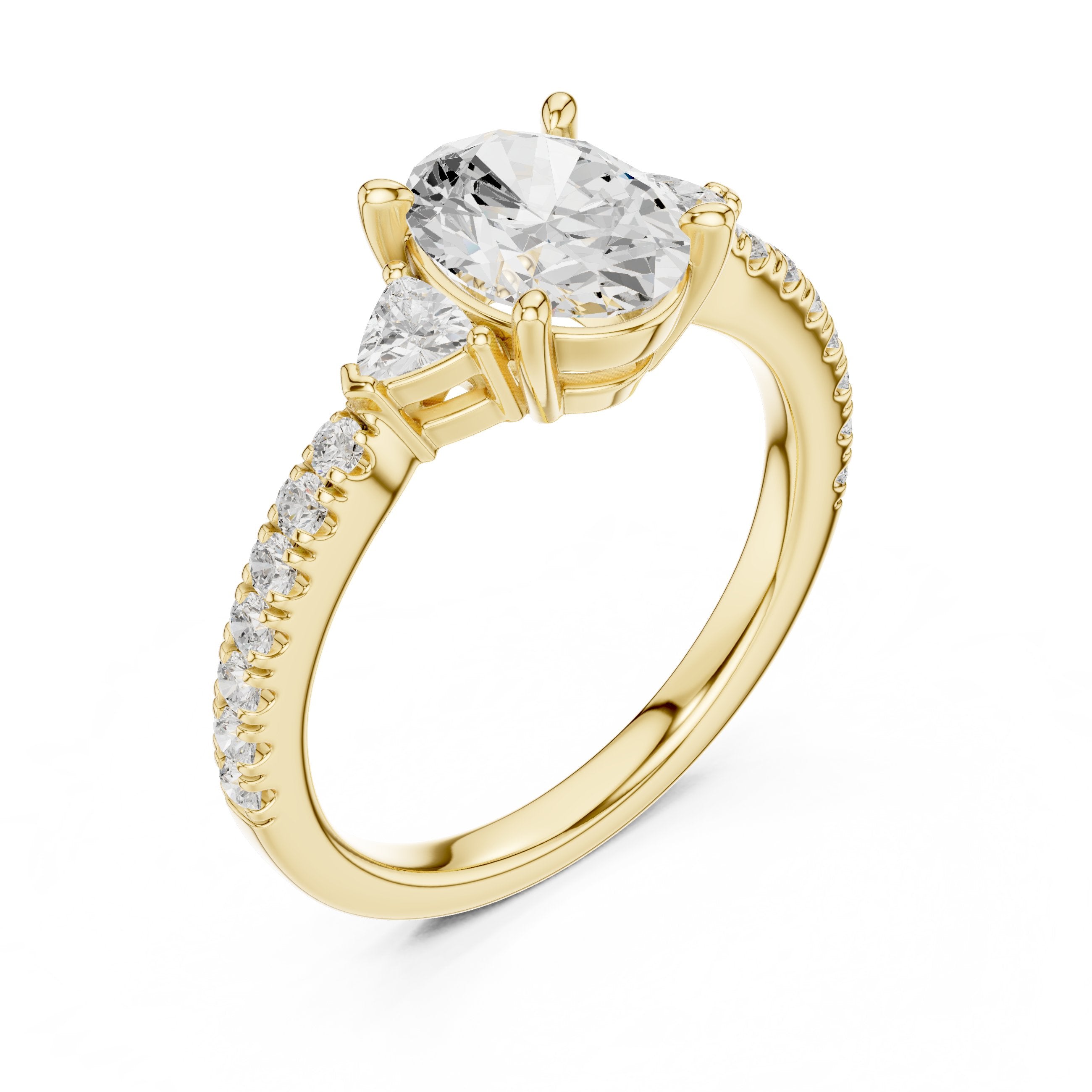 Oval Diamond Three Stone Engagement Ring with Trilliant Sides and Pavé Band in Yellow Gold - VYKA Diamonds